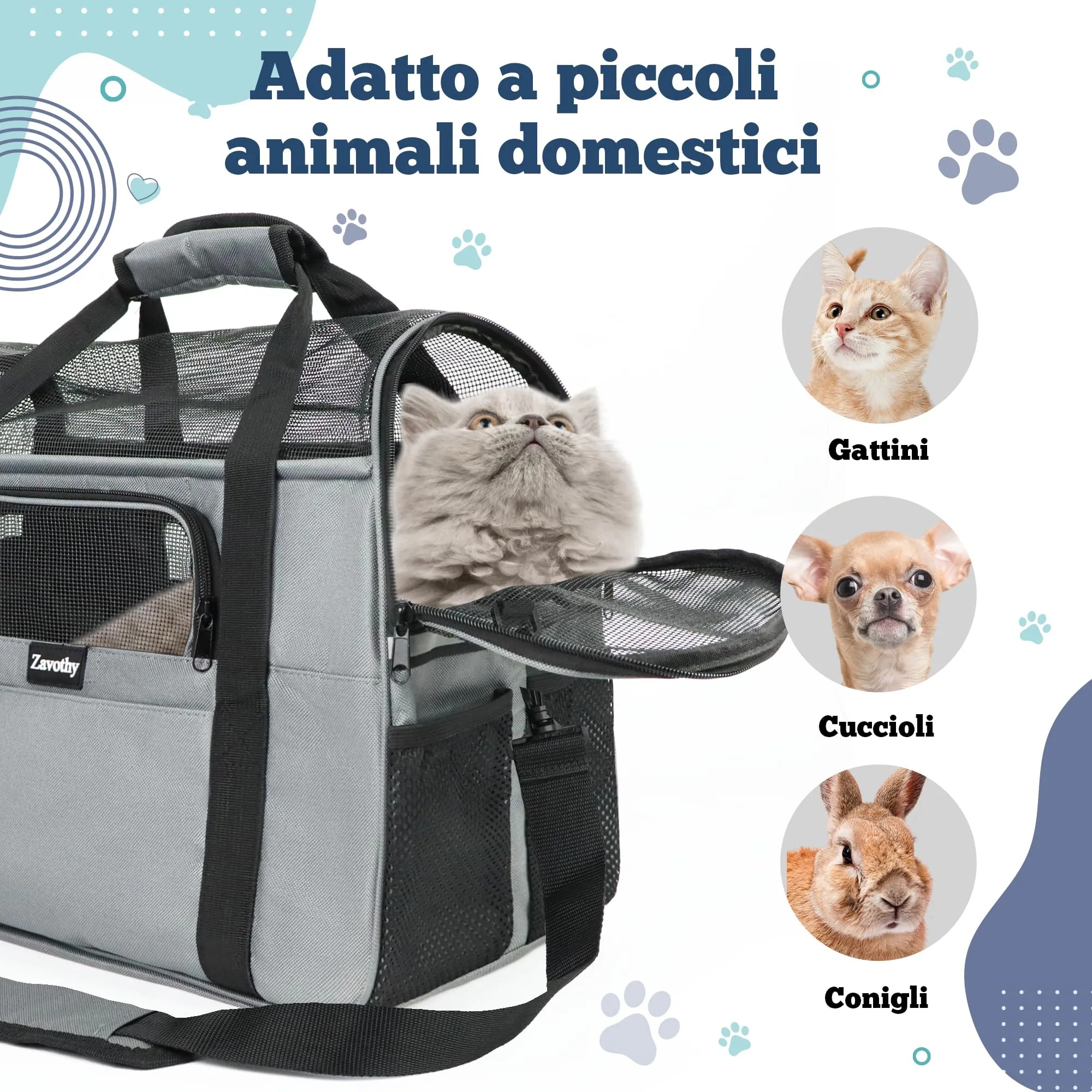Zavothy Borsa per il Trasporto per Gatti e Cani, Traspirante e Pieghevole con Tracolla Regolabile e Materasso Rimovibile, M, Grigio - immagine 5