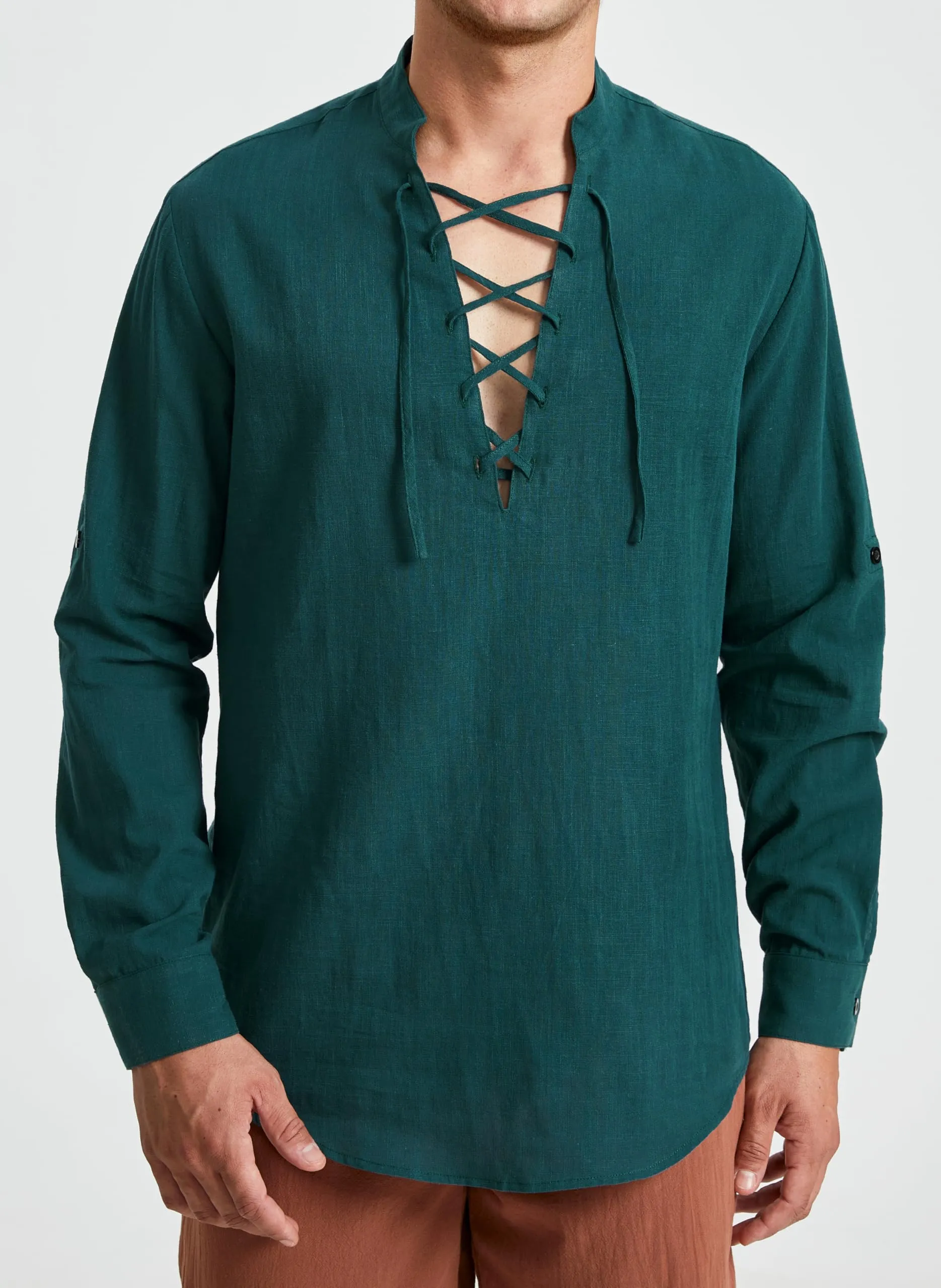 Enlision Camicia in Lino da Uomo con Lacci Casual Verde Acqua, M - immagine 2