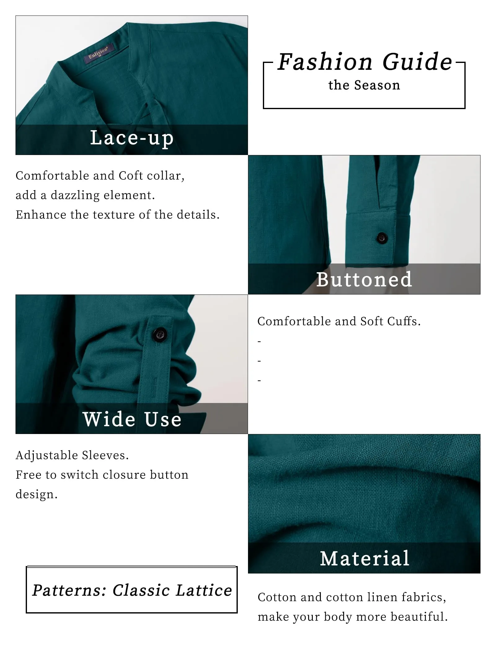 Enlision Camicia in Lino da Uomo con Lacci Casual Verde Acqua, M - immagine 4