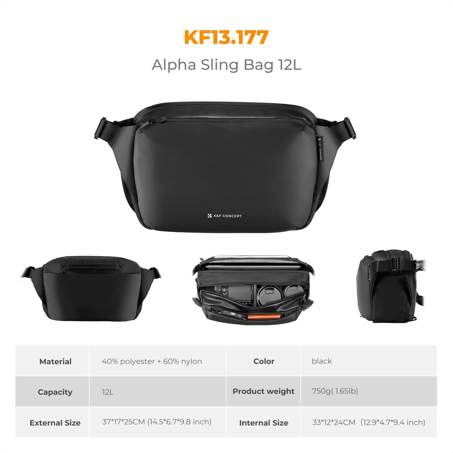 K&F Concept Borsa Foto Tracolla Impermeabile Antiurto 33cm Nero - immagine 7