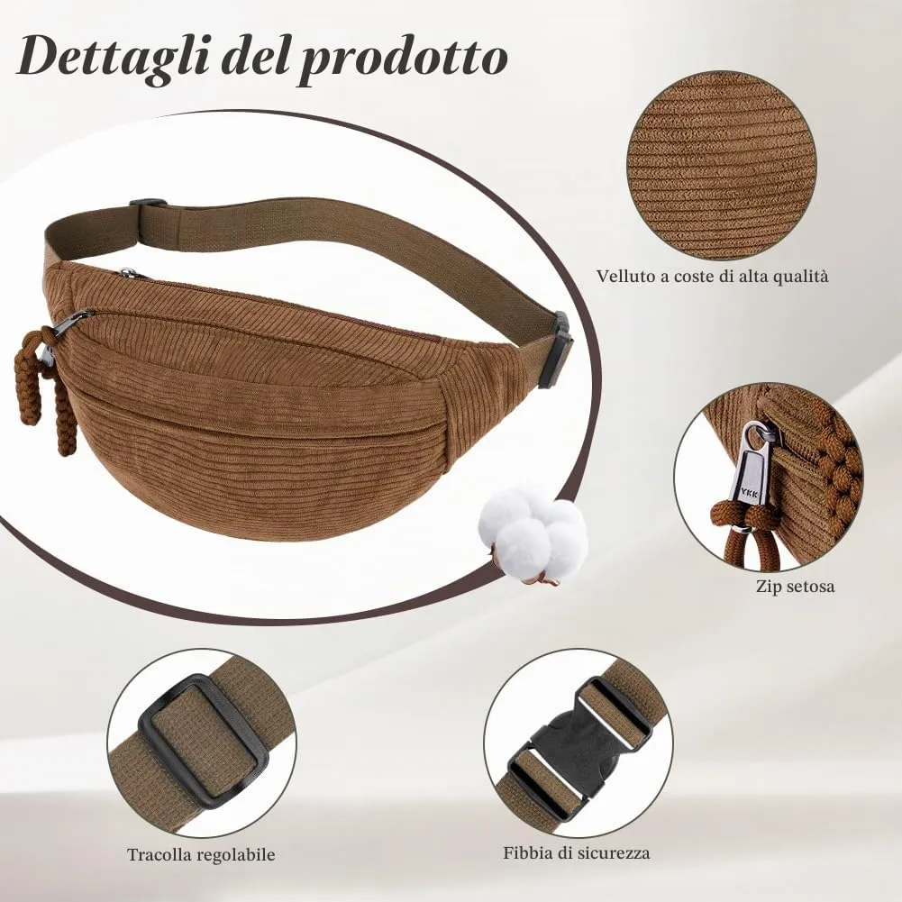 Aucuu Marsupio in Velluto a Coste per Donna e Uomo con Cinturino Regolabile - immagine 3