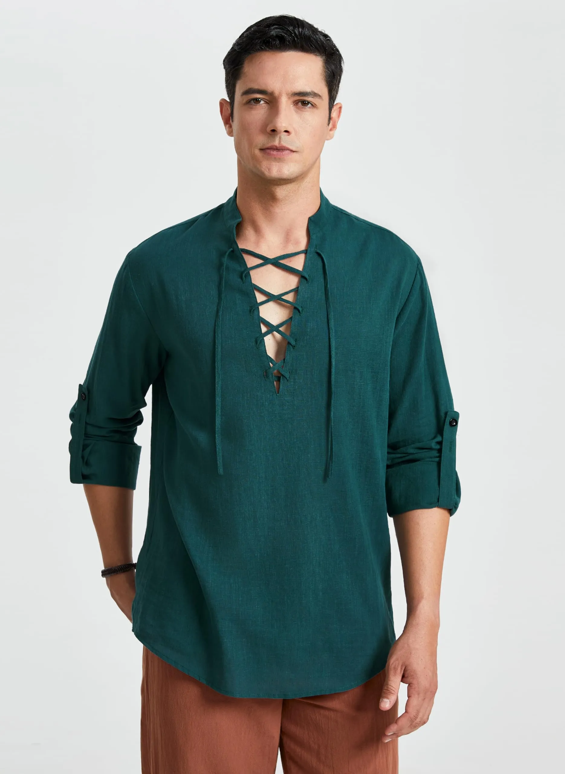 Enlision Camicia Medievale da Uomo Rinascimentale Costume da Pirata Vichingo Verde Acqua 2XL - immagine 5