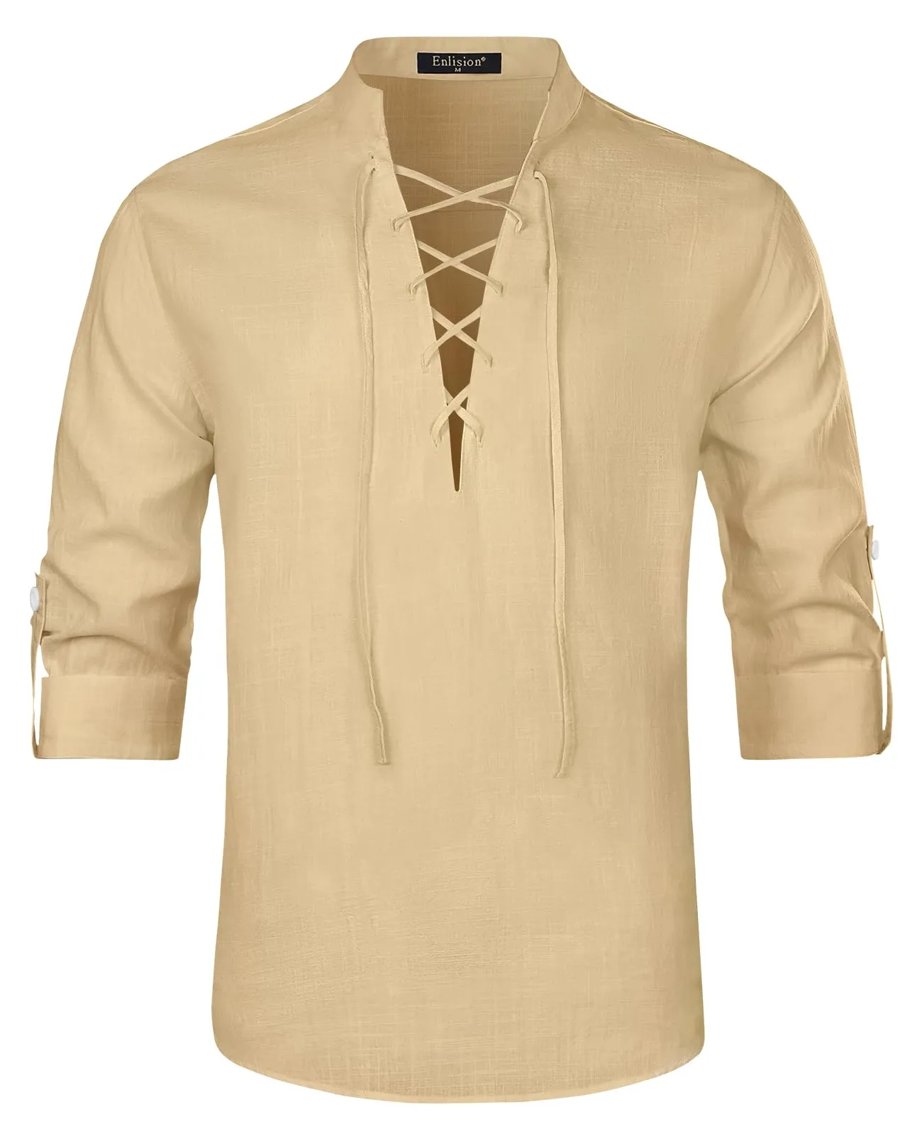 Enlision Camicia in Lino e Cotone da Uomo Medievale Vintage con Lacci, Beige, S - immagine 8