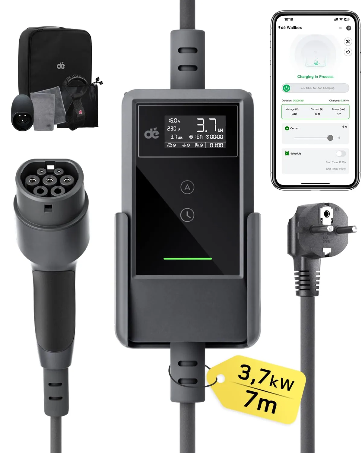 dé Carichino Colonnina di Ricarica Auto Elettrica APP 3,7kW 7m 6-16A Schuko - immagine 1