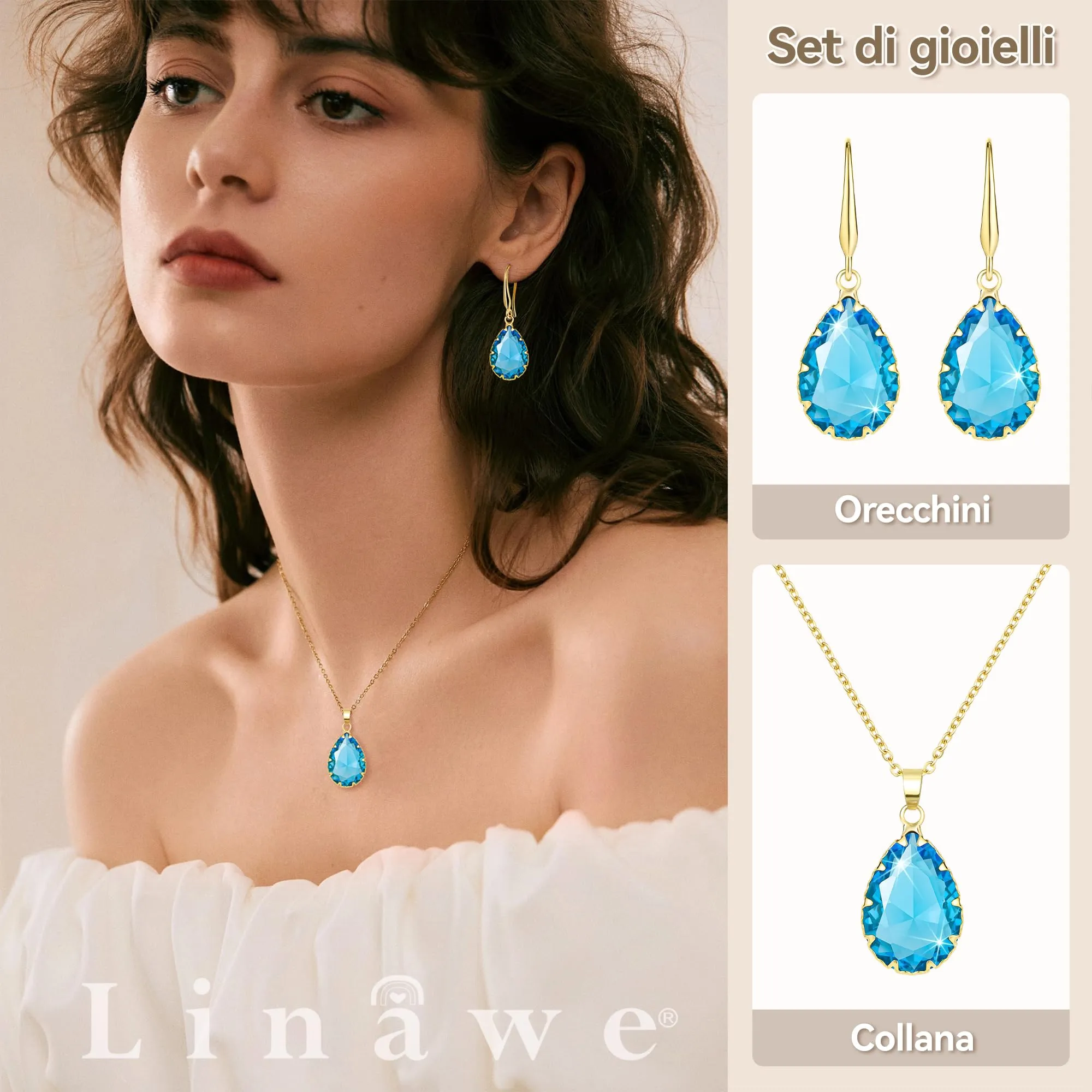 Linawe Set di gioielli blu acquamarina in oro con collana e orecchini pendenti - immagine 2