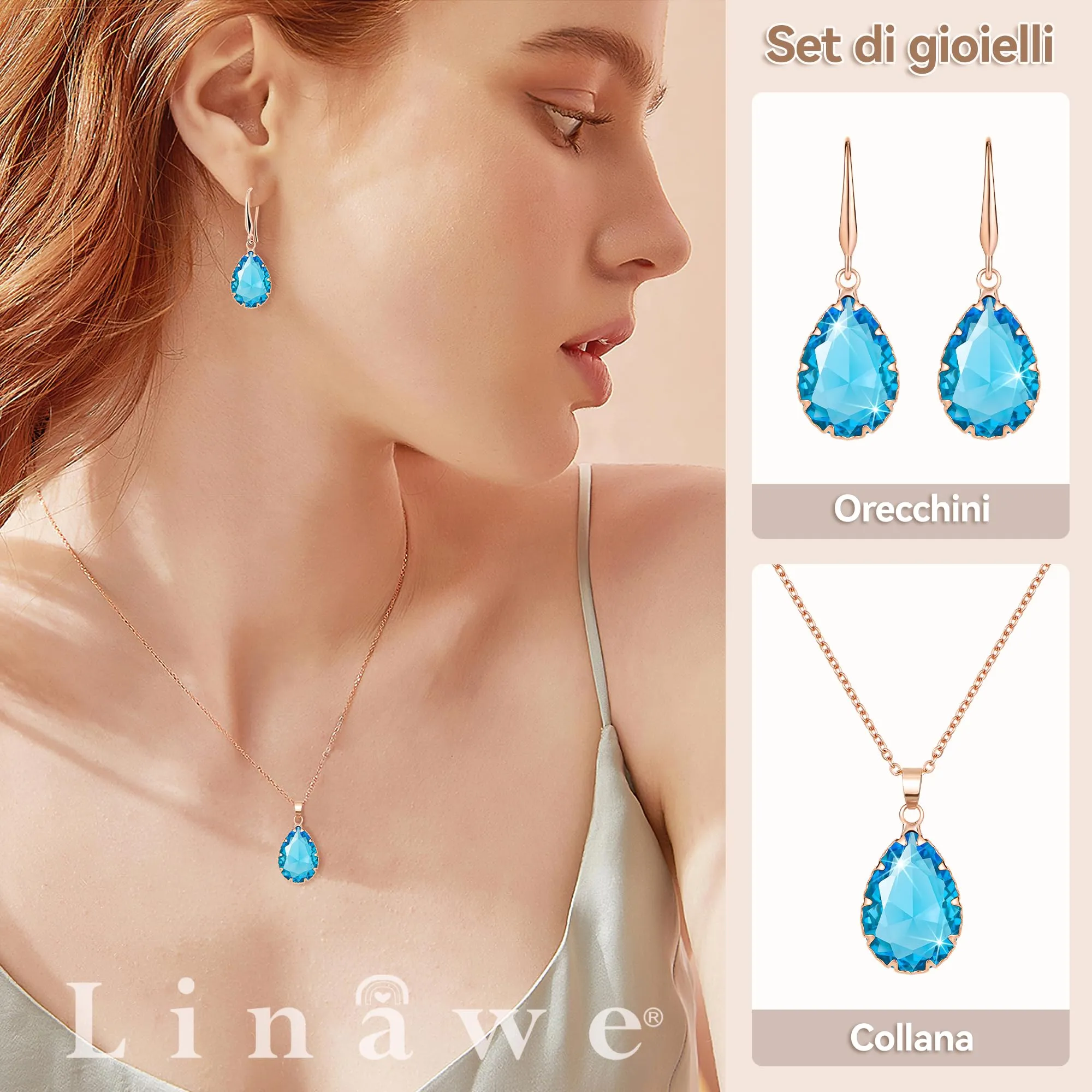 Linawe Set di Gioielli Blu Acquamarina in Oro Rosa con Collana e Orecchini Pendenti - immagine 2