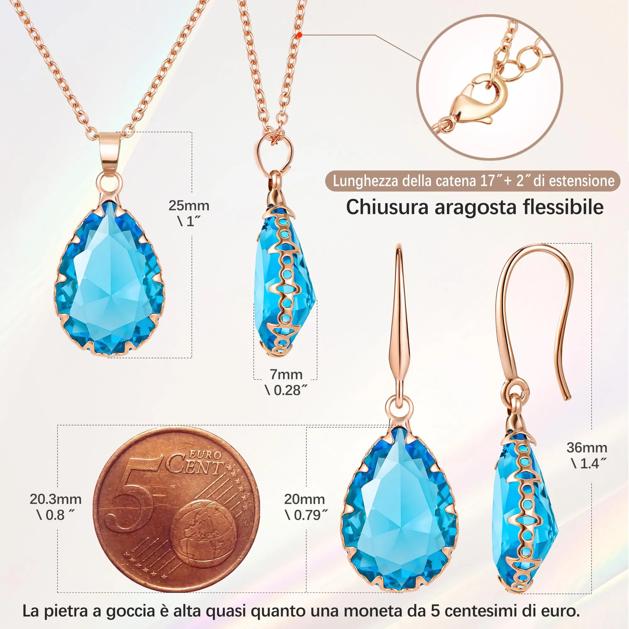 Linawe Set di Gioielli Blu Acquamarina in Oro Rosa con Collana e Orecchini Pendenti - immagine 4