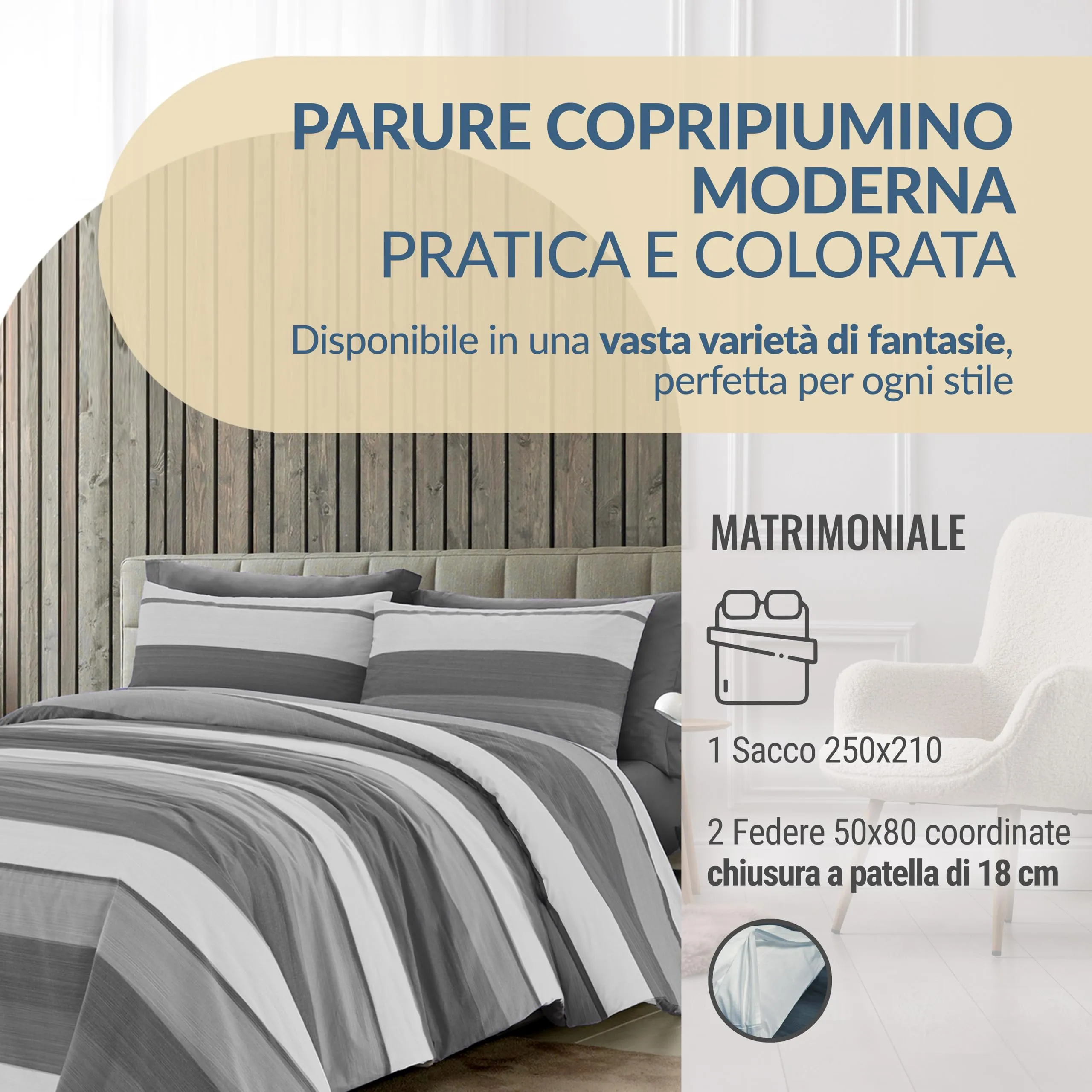 Dorian Home Copripiumino Matrimoniale in Cotone 250x210 cm con 2 Federe, Garda Grafite - immagine 2