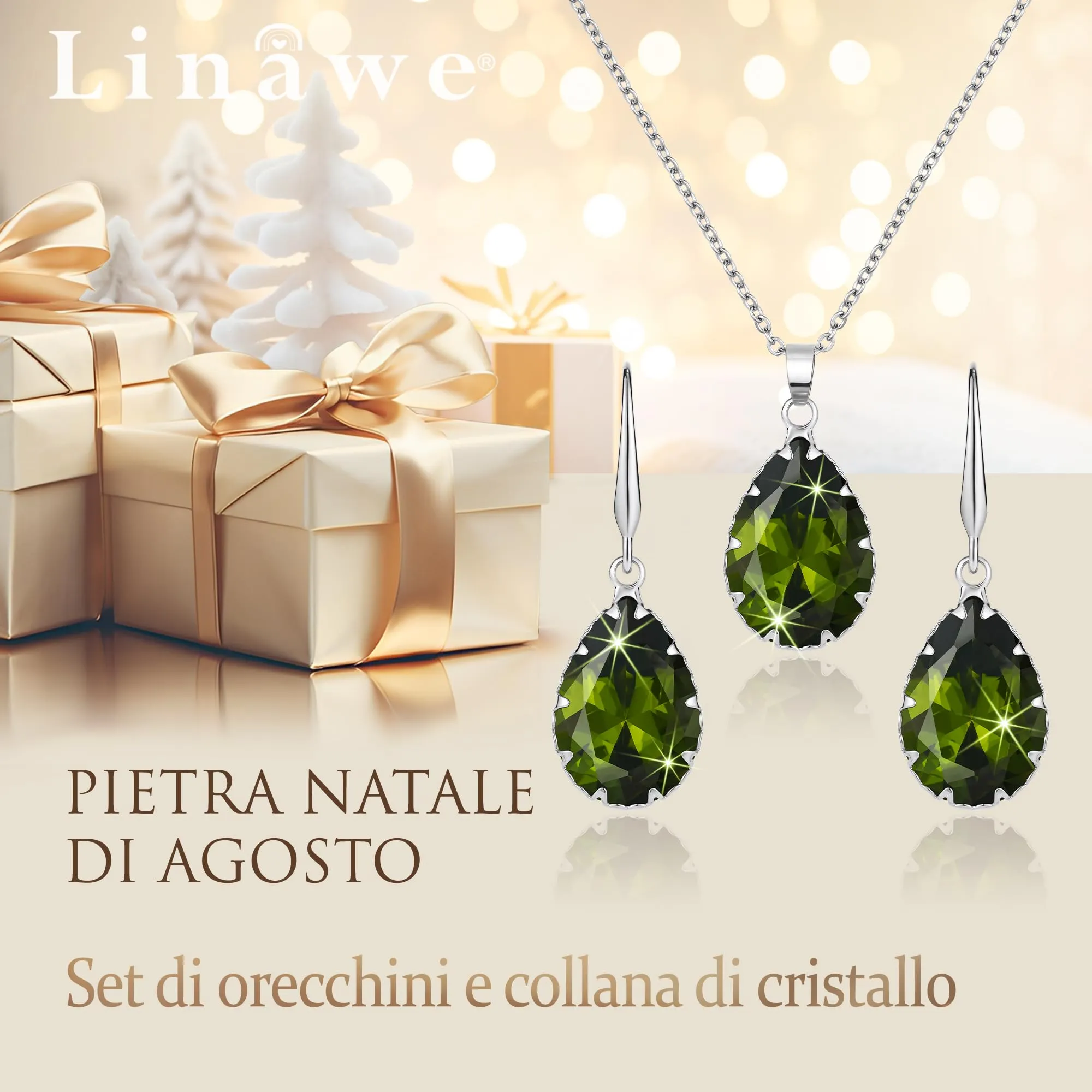 Linawe Set di gioielli da donna con collana a catena e orecchini pendenti, ciondolo in peridoto verde e argento - immagine 5
