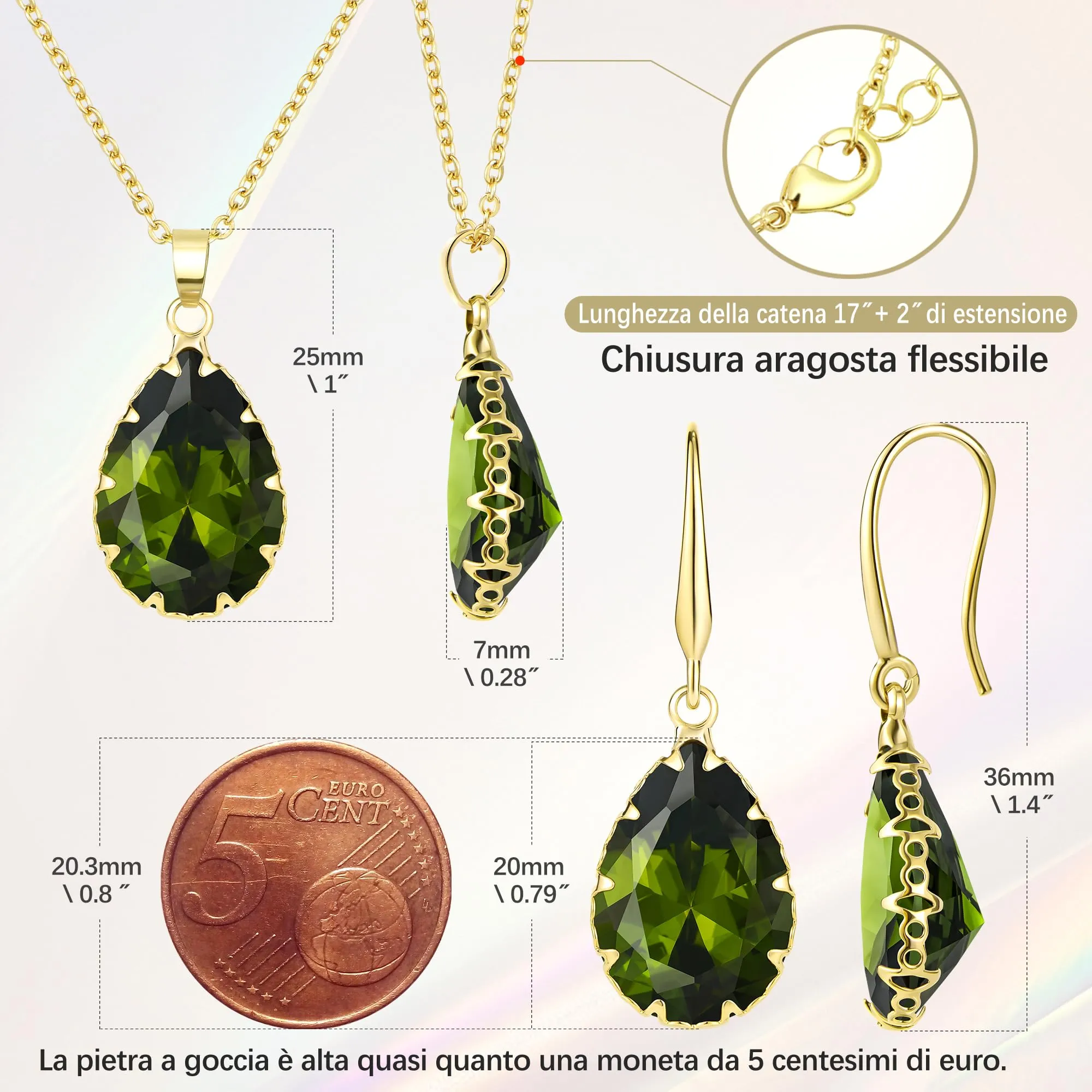 Linawe Set di gioielli con collana e orecchini in peridoto verde, placcato oro - immagine 4