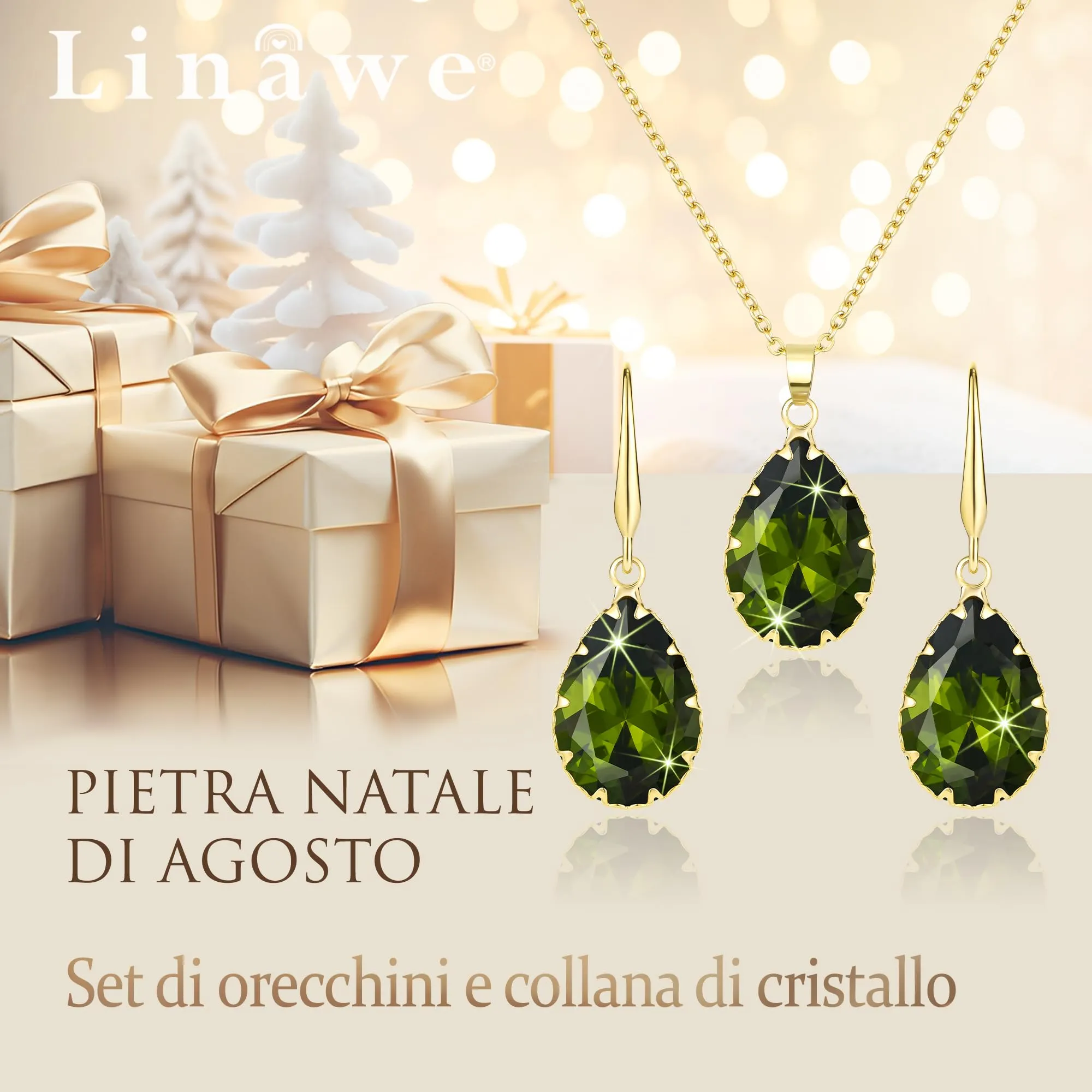 Linawe Set di gioielli con collana e orecchini in peridoto verde, placcato oro - immagine 5