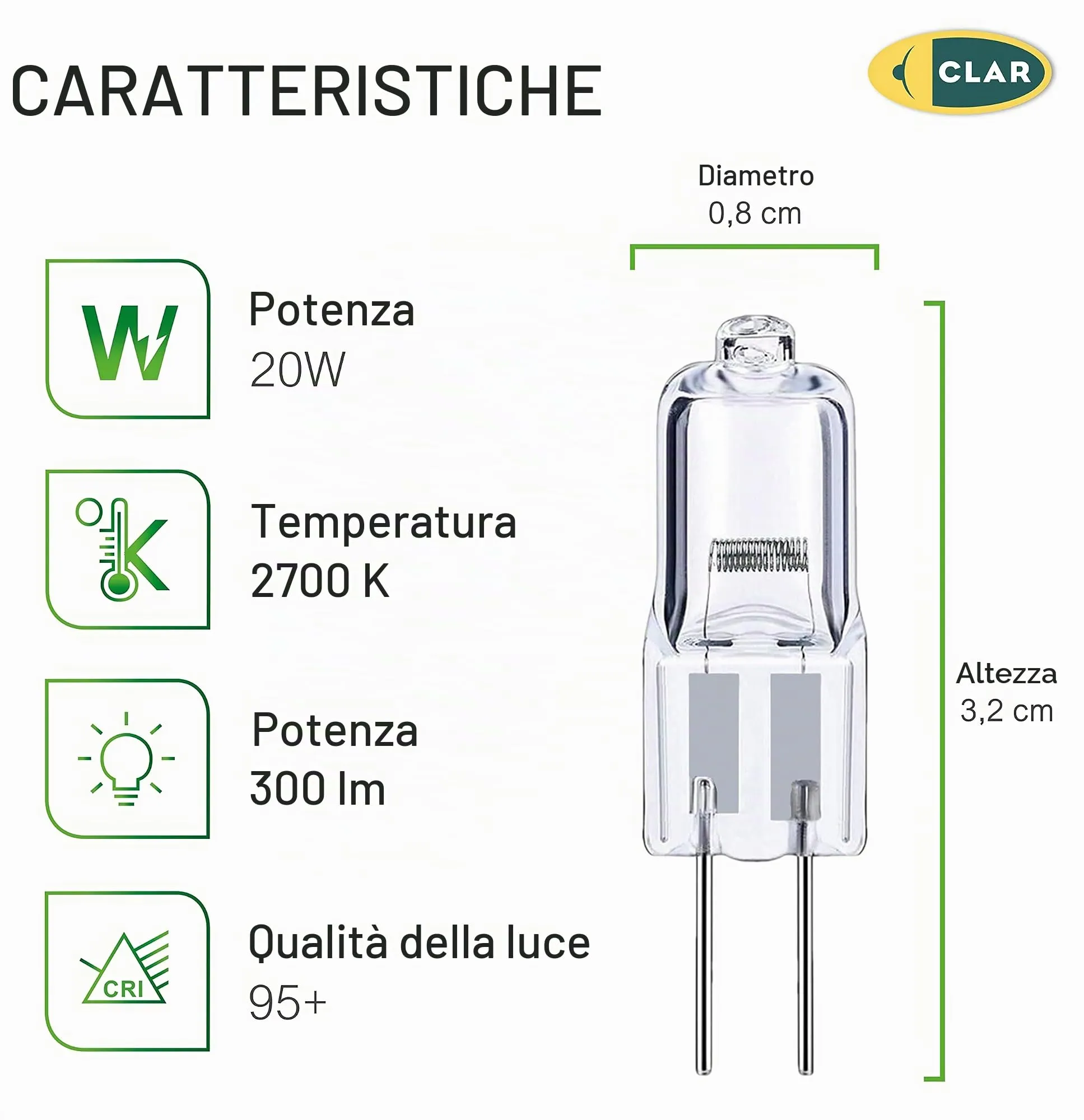 CLAR Lampadina Alogena G4 12V 20W, Confezione da 20 pezzi - immagine 2