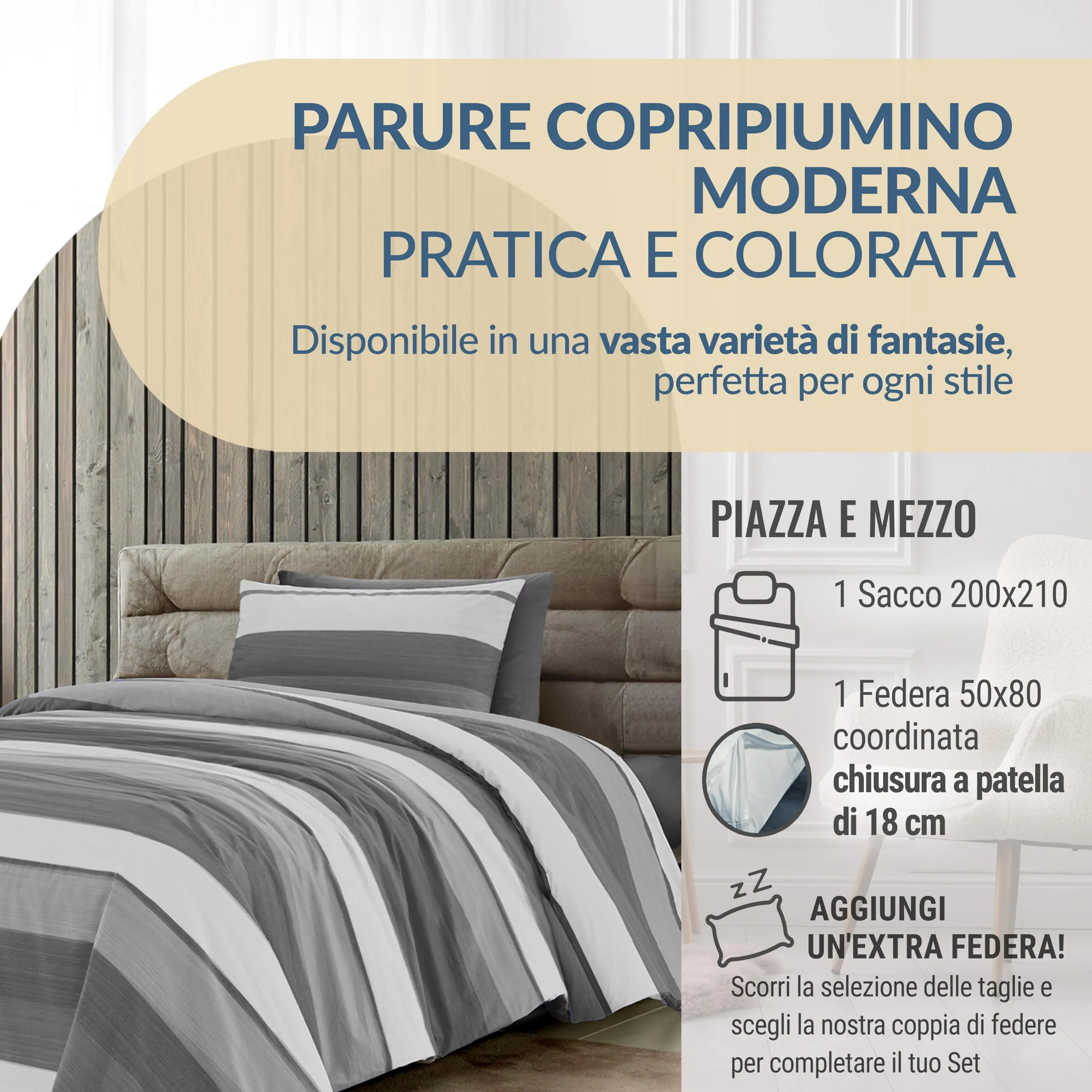 Dorian Home Copripiumino Una Piazza e Mezza in Cotone 200x210 cm con Federa, Garda Grafite - immagine 2