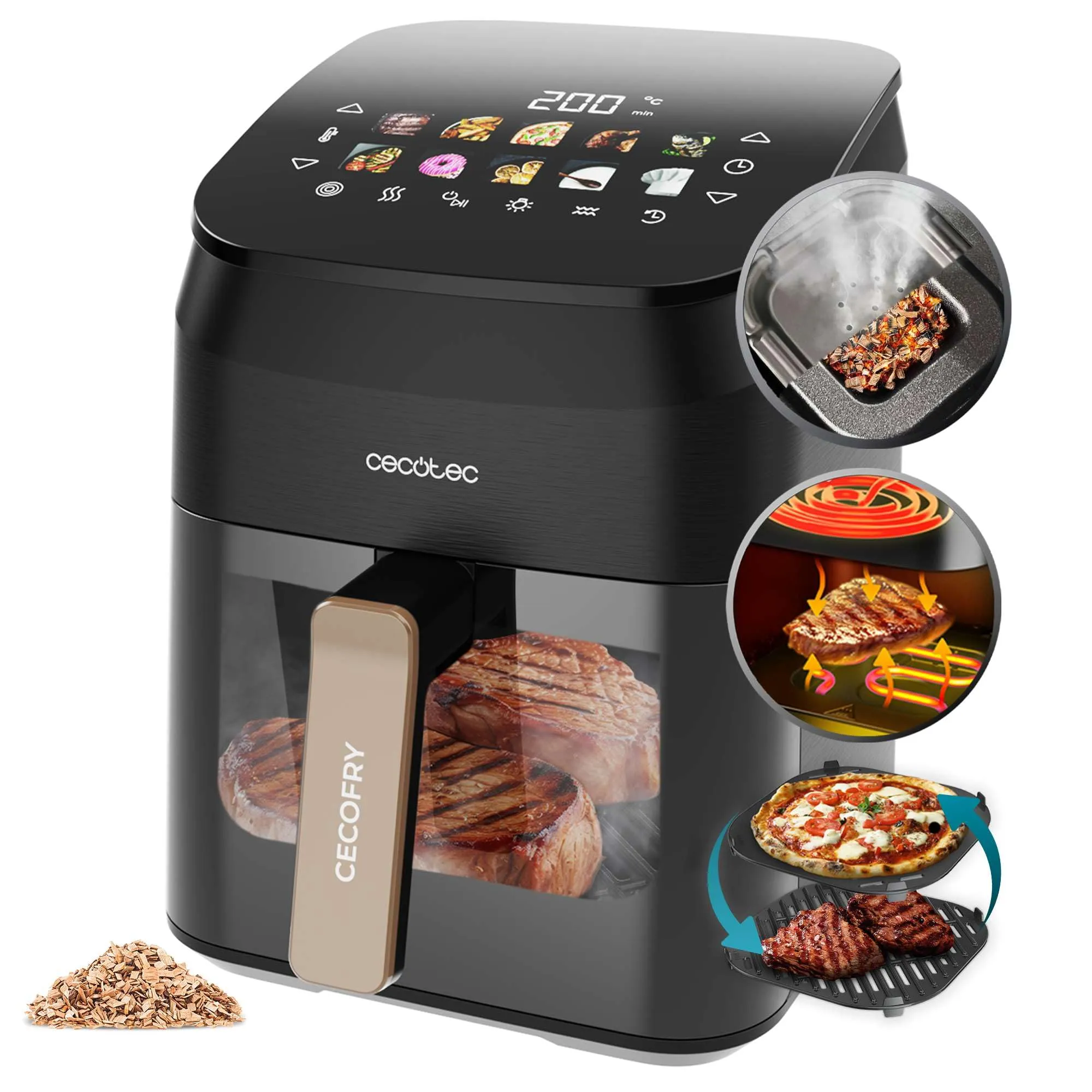 Cecotec Cecofry&Grill Smokin' 4500 Friggitrice ad Aria 4.5 Litri, 1900W, Piastra Grill, Doppia Resistenza, Affumicatore Integrato - immagine 1