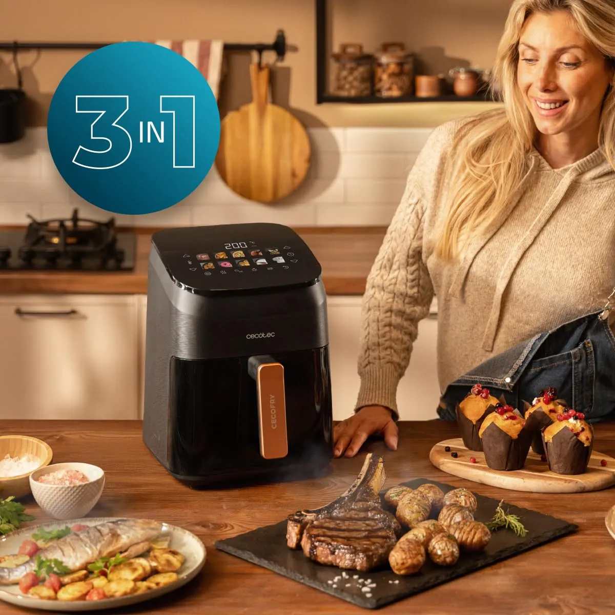 Cecotec Cecofry&Grill Smokin' 4500 Friggitrice ad Aria 4.5 Litri, 1900W, Piastra Grill, Doppia Resistenza, Affumicatore Integrato - immagine 4