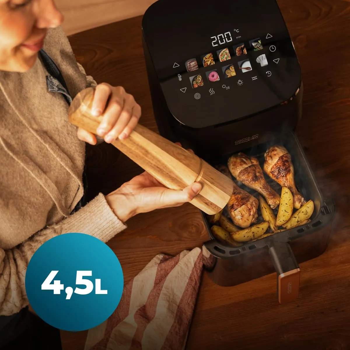 Cecotec Cecofry&Grill Smokin' 4500 Friggitrice ad Aria 4.5 Litri, 1900W, Piastra Grill, Doppia Resistenza, Affumicatore Integrato - immagine 5