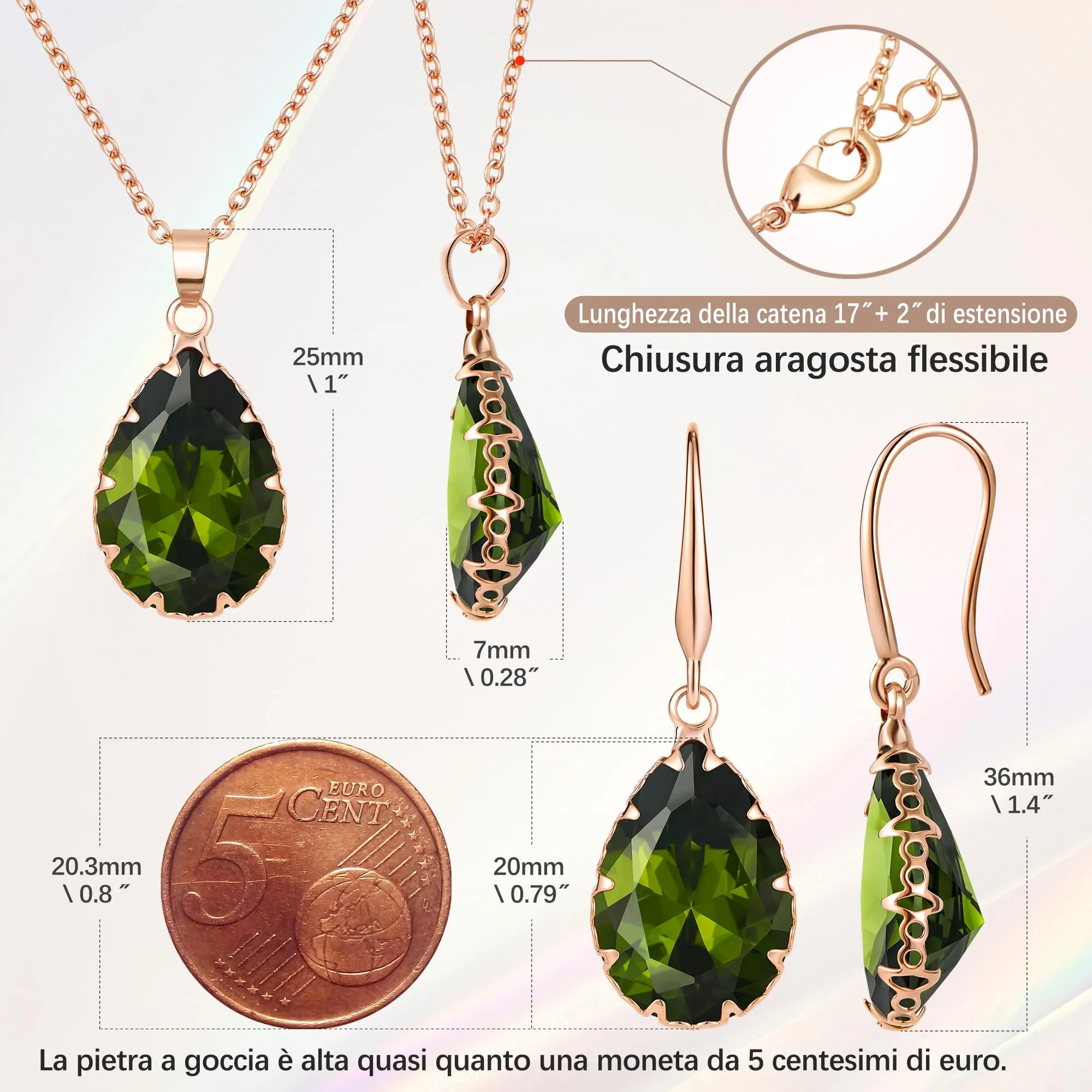 Linawe Set di Gioielli per Donna - Collana e Orecchini in Oro Rosa con Peridoto Verde - immagine 4