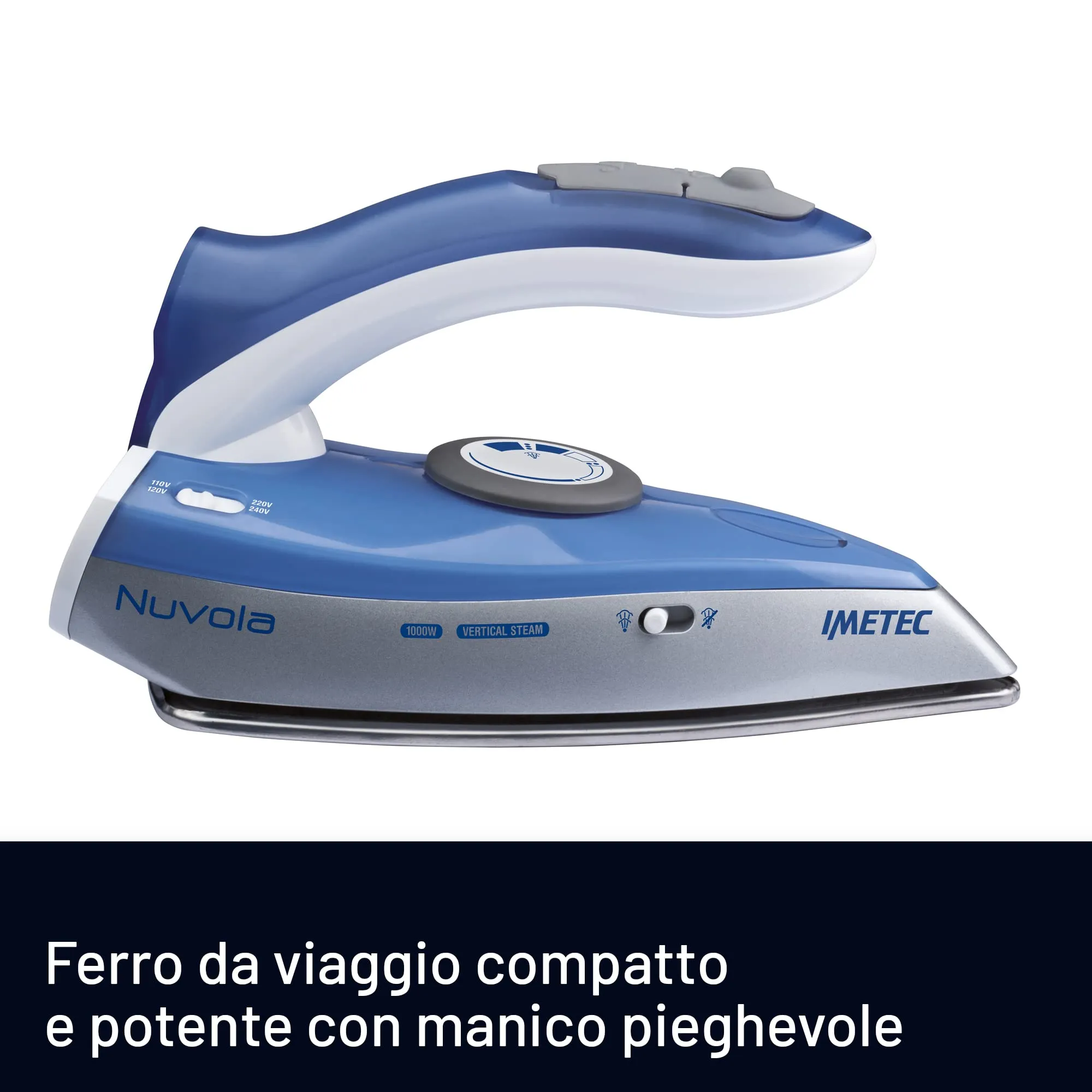 Imetec Nuvola Ferro da Stiro da Viaggio a Vapore, 1000W, Piastra in Acciaio Inox, Manico Pieghevole, Custodia da Viaggio, Doppio Voltaggio - immagine 2