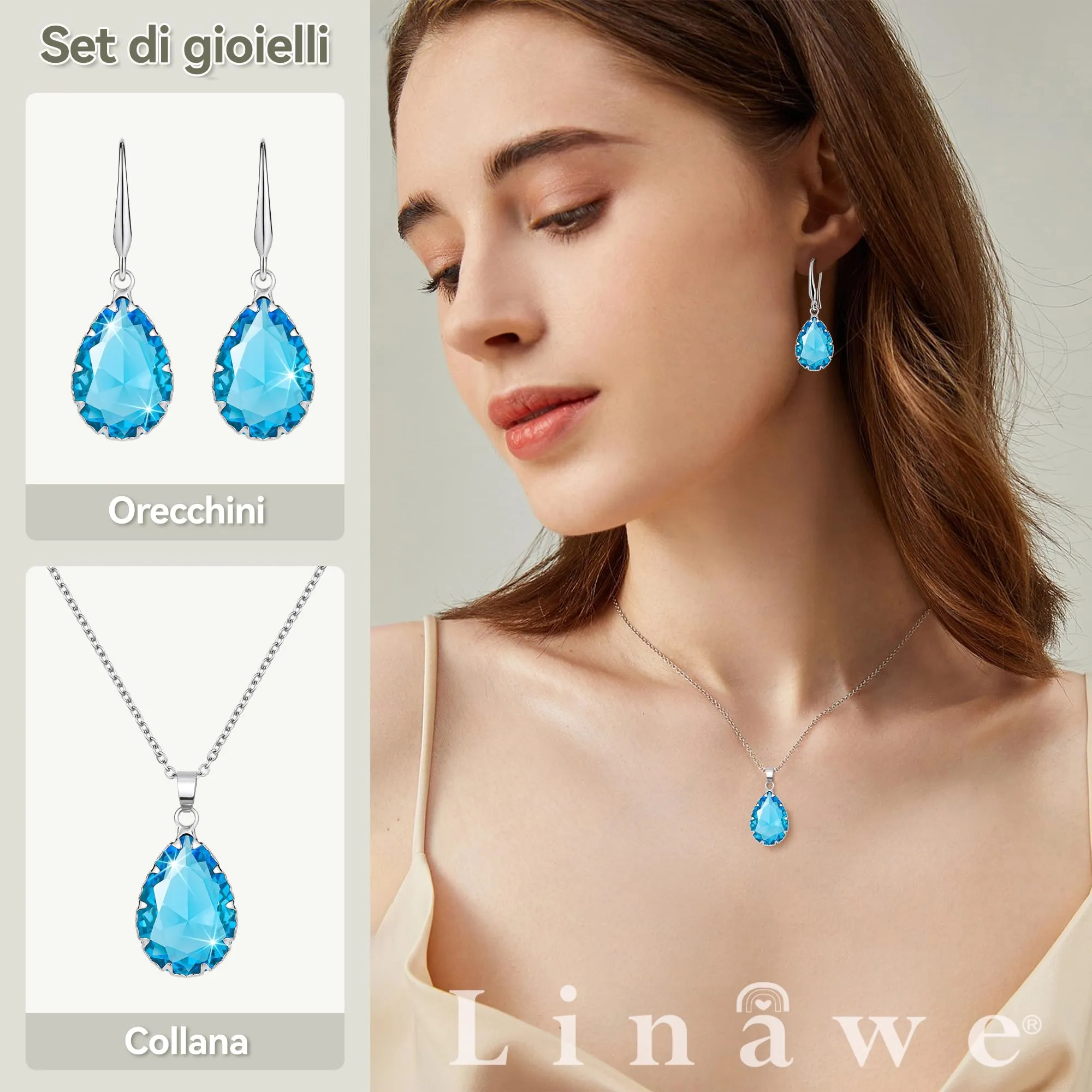 Linawe Set di Gioielli con Collana e Orecchini, Cristallo Blu Acquamarina e Argento - immagine 2