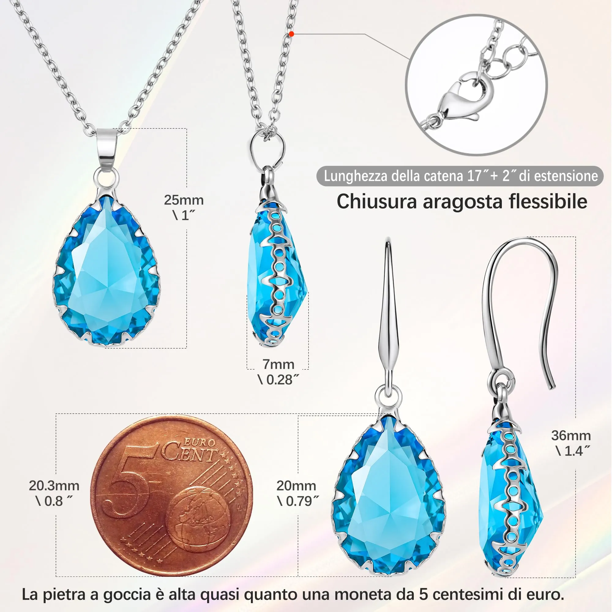 Linawe Set di Gioielli con Collana e Orecchini, Cristallo Blu Acquamarina e Argento - immagine 4