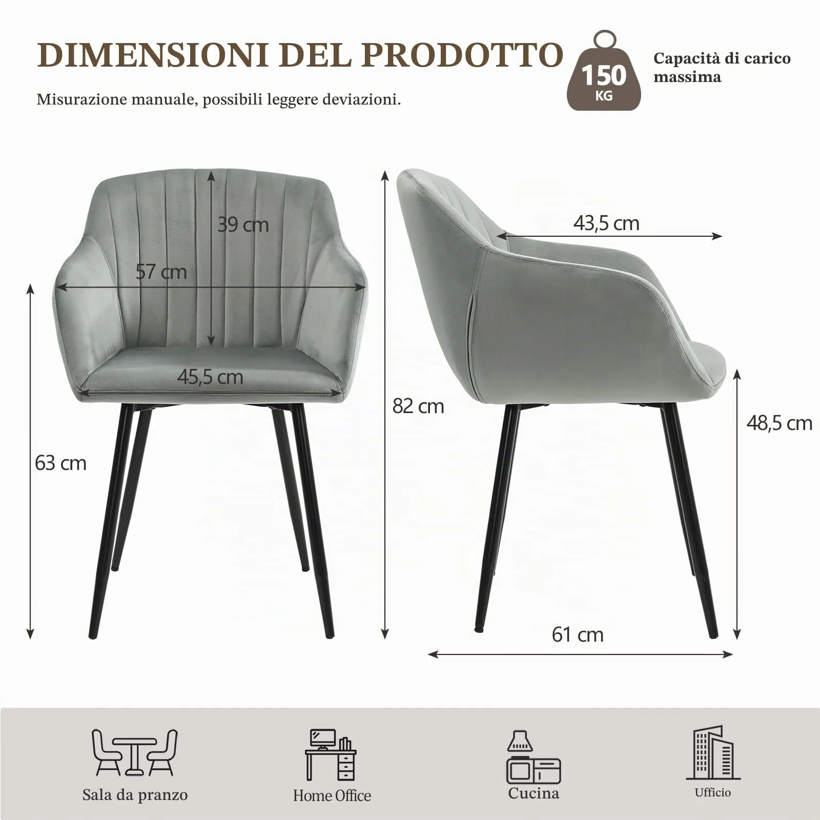 Goeurvant Set di 2 Sedie da Pranzo con Braccioli in Velluto, Gambe in Metallo, Grigio Chiaro - immagine 2