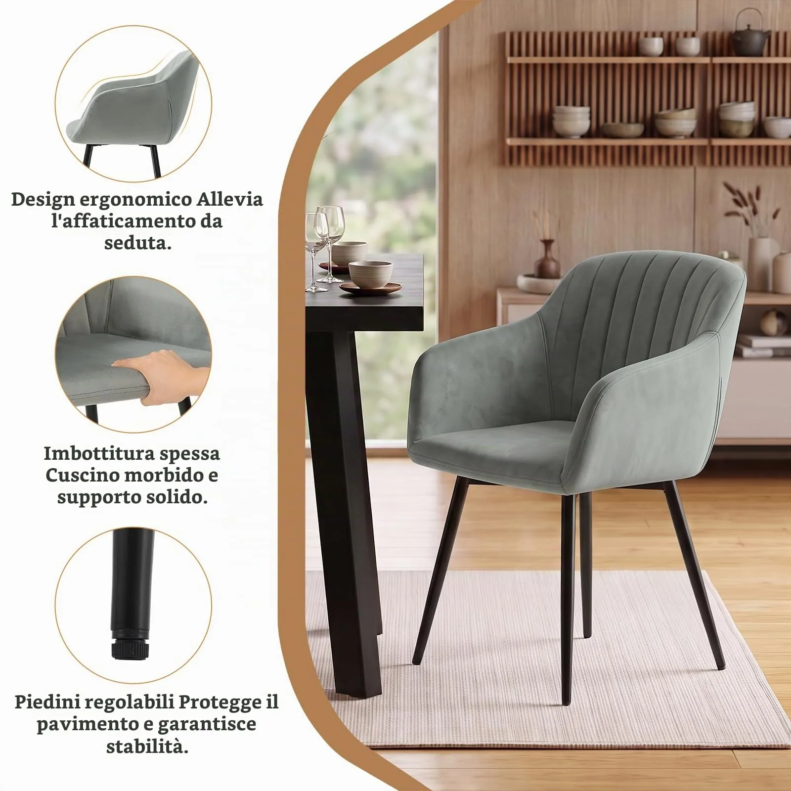 Goeurvant Set di 2 Sedie da Pranzo con Braccioli in Velluto, Gambe in Metallo, Grigio Chiaro - immagine 4