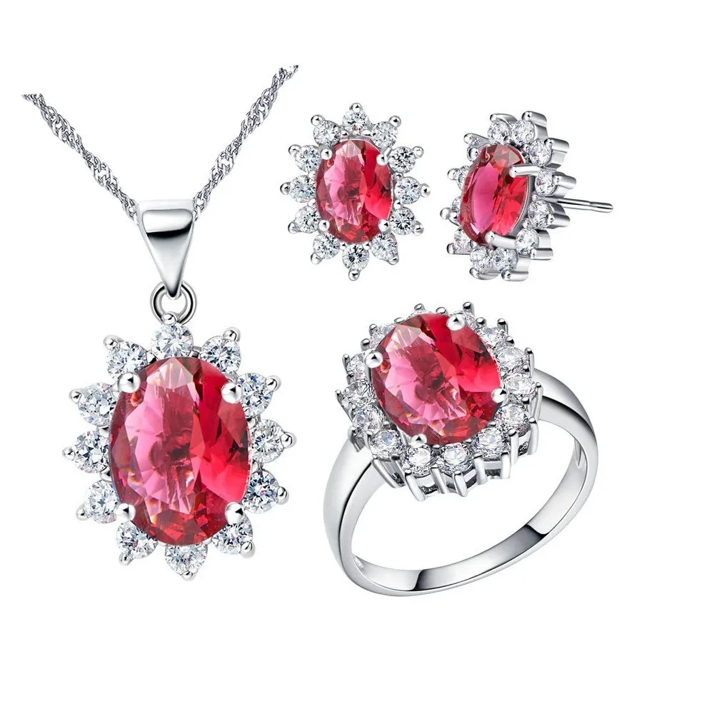 Uloveido Set di gioielli da sposa con zirconi cubici rossi, orecchini e anello T466 (Taglia 11.5) - immagine 1
