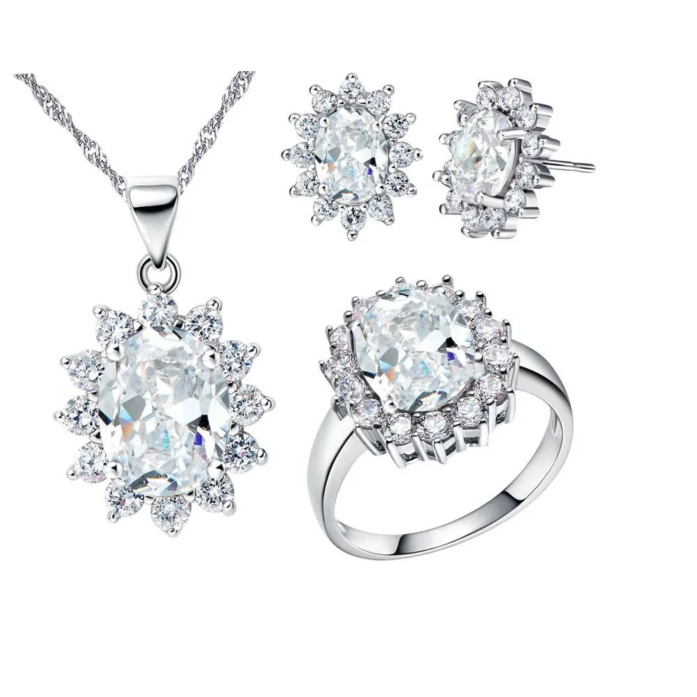 Uloveido Set di gioielli T466 con collana, orecchini e anello placcati oro bianco (taglia 19,5) - immagine 1