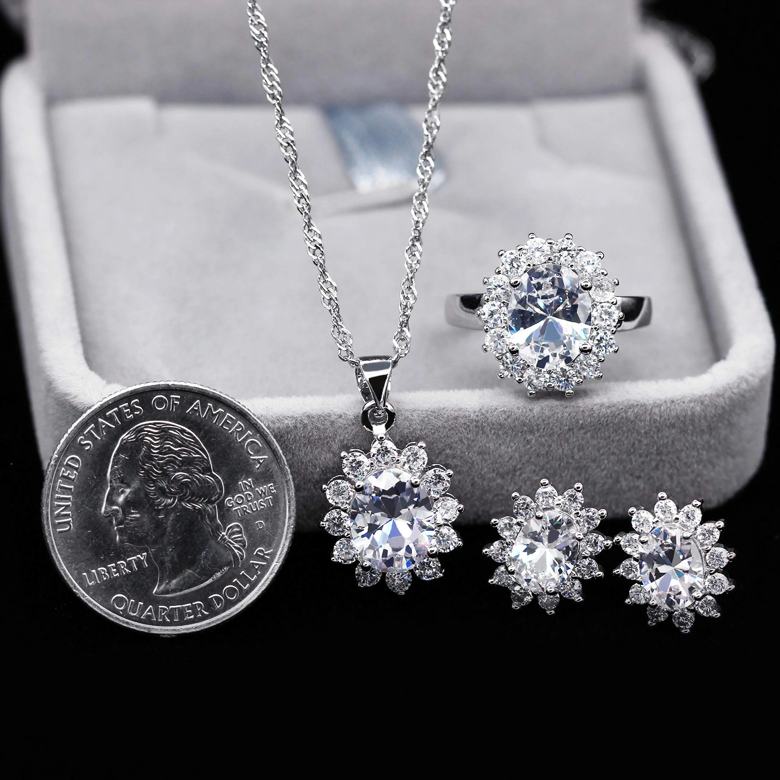Uloveido Set di gioielli T466 con collana, orecchini e anello placcati oro bianco (taglia 19,5) - immagine 6