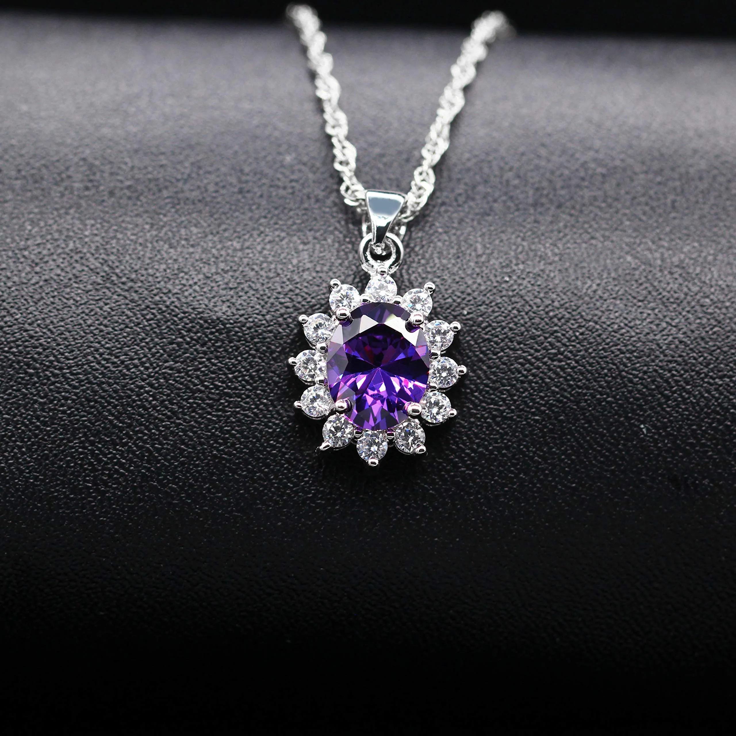 Uloveido Set di gioielli da sposa viola con zirconi cubici, collana, orecchini e anello T466 (misura 11,5) - immagine 3