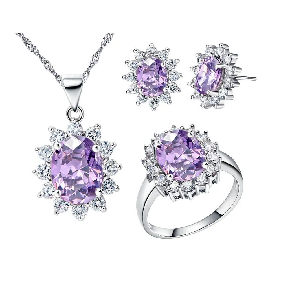 Uloveido Set di gioielli placcati in oro bianco con zirconia cubica, collana, orecchini e anello T466 (taglia 19,5) - immagine 1