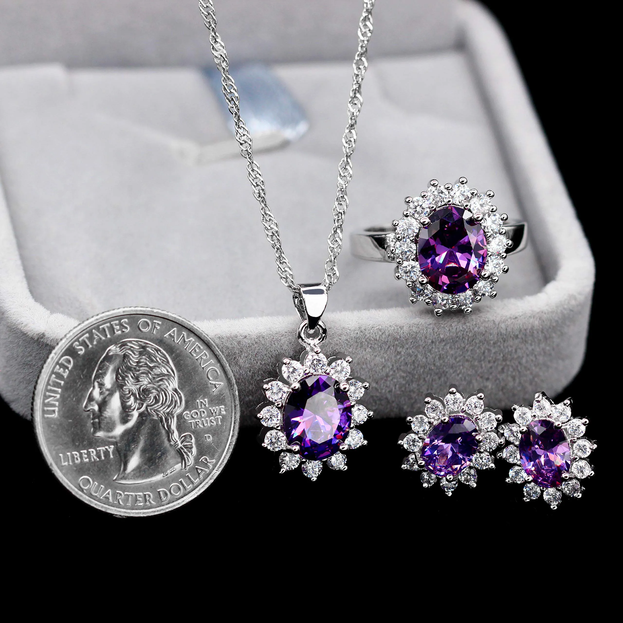 Uloveido Set di gioielli placcati in oro bianco con zirconia cubica, collana, orecchini e anello T466 (taglia 19,5) - immagine 6