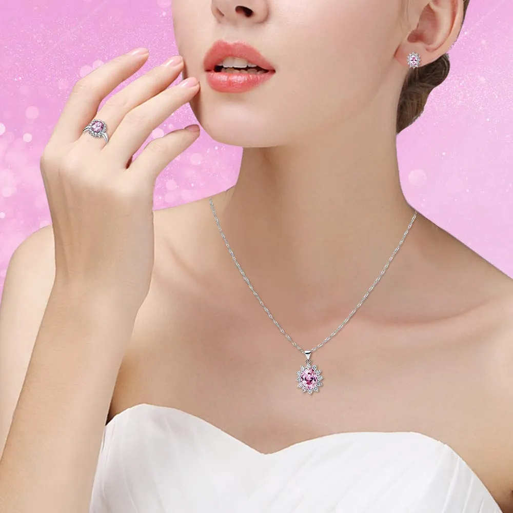 Uloveido Set di gioielli da sposa in cristalli rosa con collana, orecchini, bracciale e anello T466 Taglia 14.5 - immagine 2