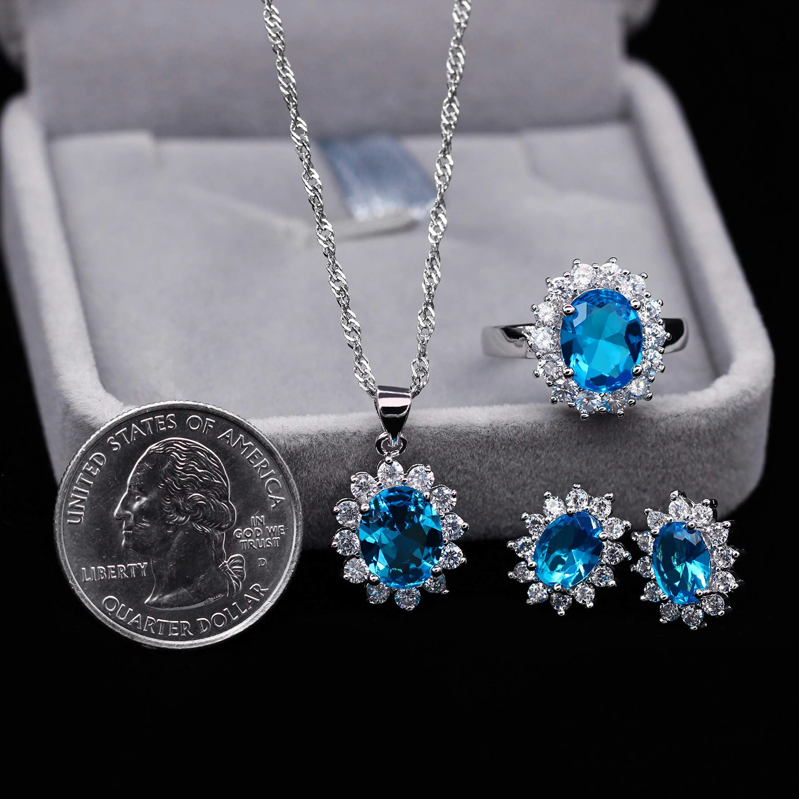 Uloveido Set di gioielli T466 con cristalli azzurri, placcato oro bianco (Misura 14.5) - immagine 6