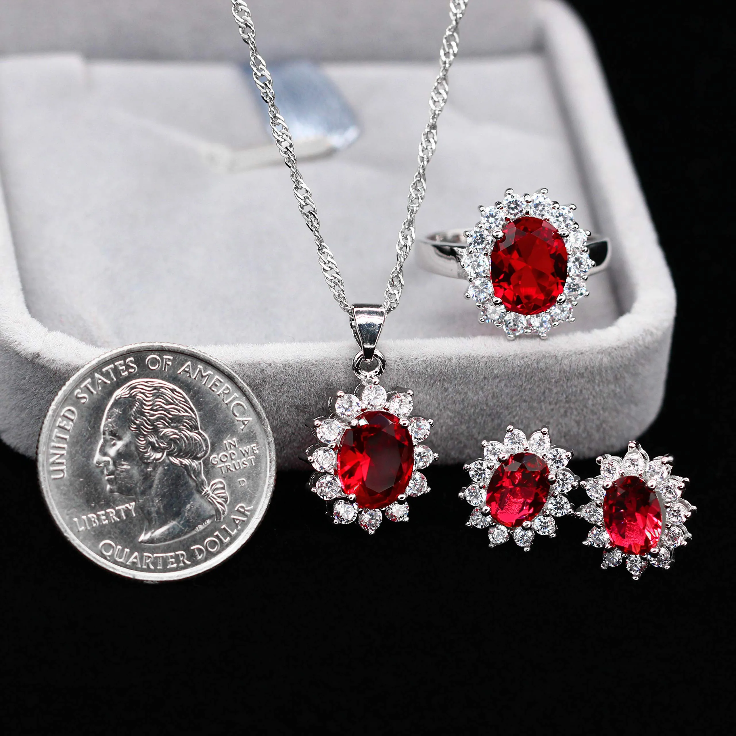 Uloveido Set di gioielli con cristalli rossi T466 - Collana, orecchini e anello (misura 14.5) - immagine 6