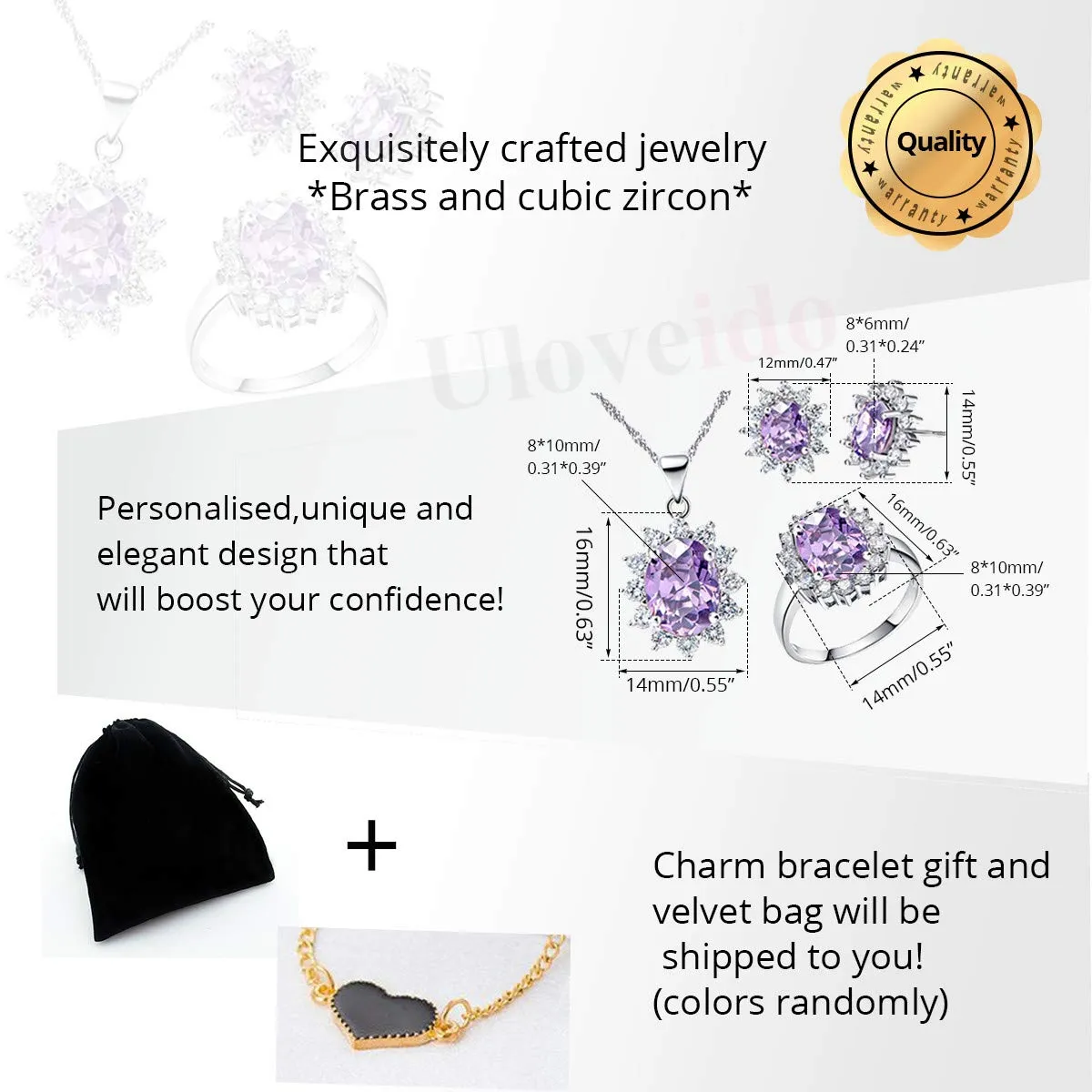 Uloveido Set di gioielli da sposa con zirconia cubica viola, collana, orecchini e anello T466 taglia 17 - immagine 7