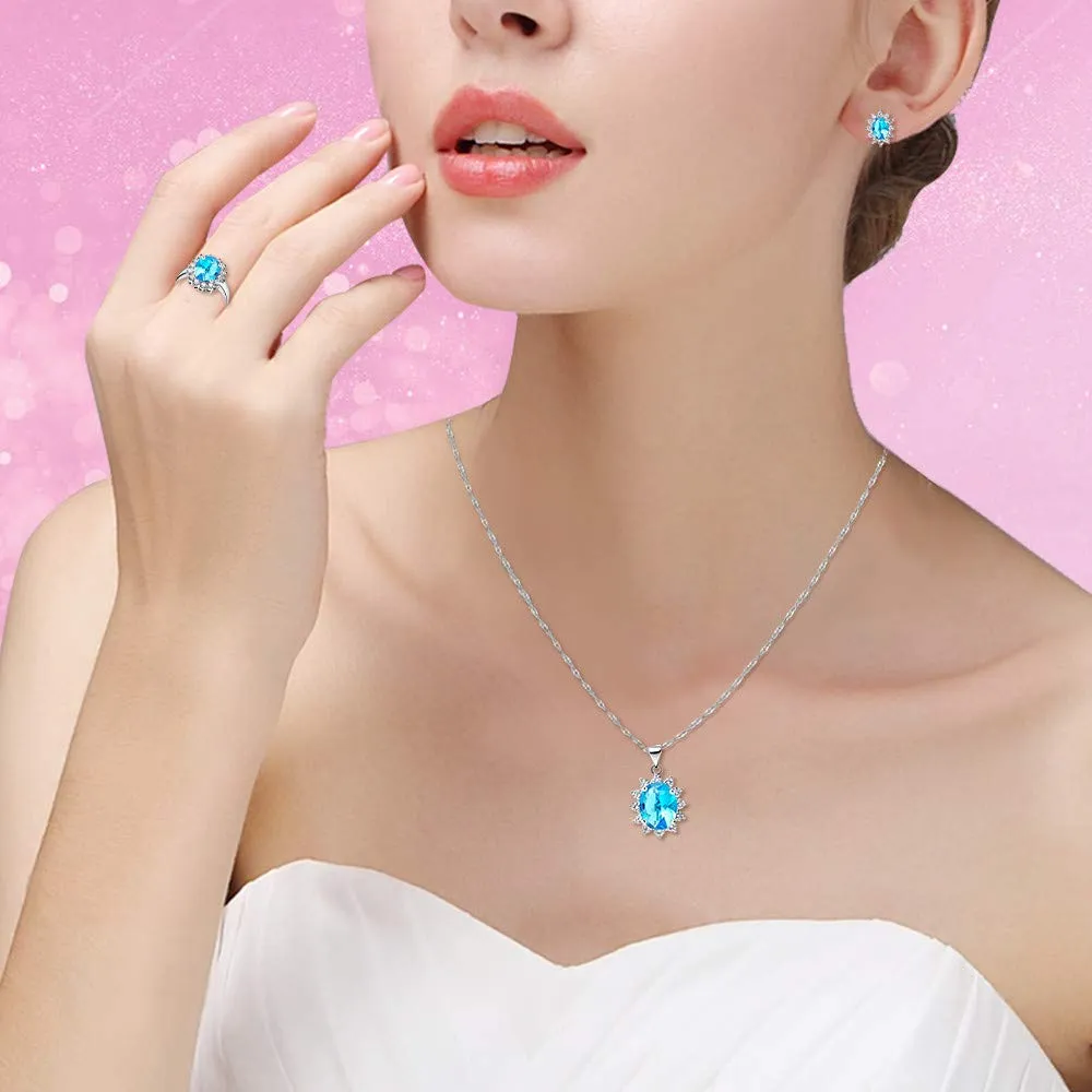 Uloveido Set Gioielli T466 Collana e Orecchini Placcati Oro Bianco Azzurro - immagine 2