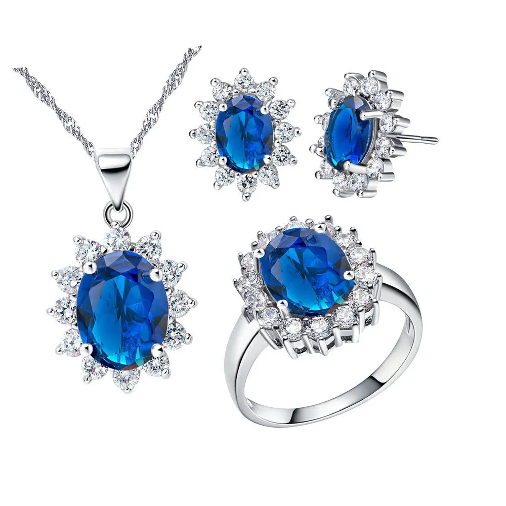 Uloveido Set di gioielli con cristalli blu T466, collana, orecchini e anello (misura 14,5) - immagine 1