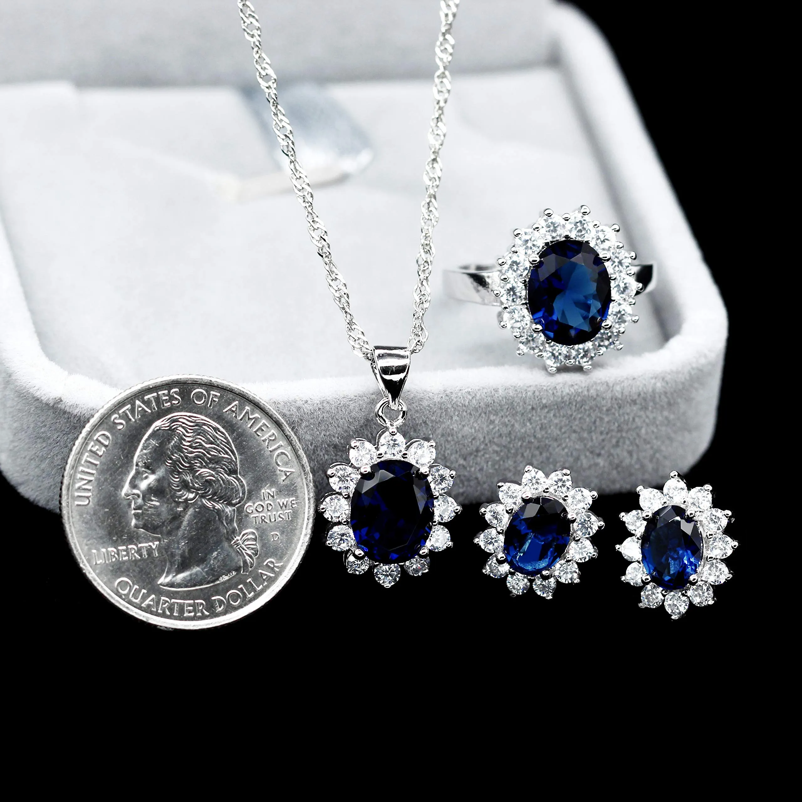 Uloveido Set di gioielli con cristalli blu T466, collana, orecchini e anello (misura 14,5) - immagine 6
