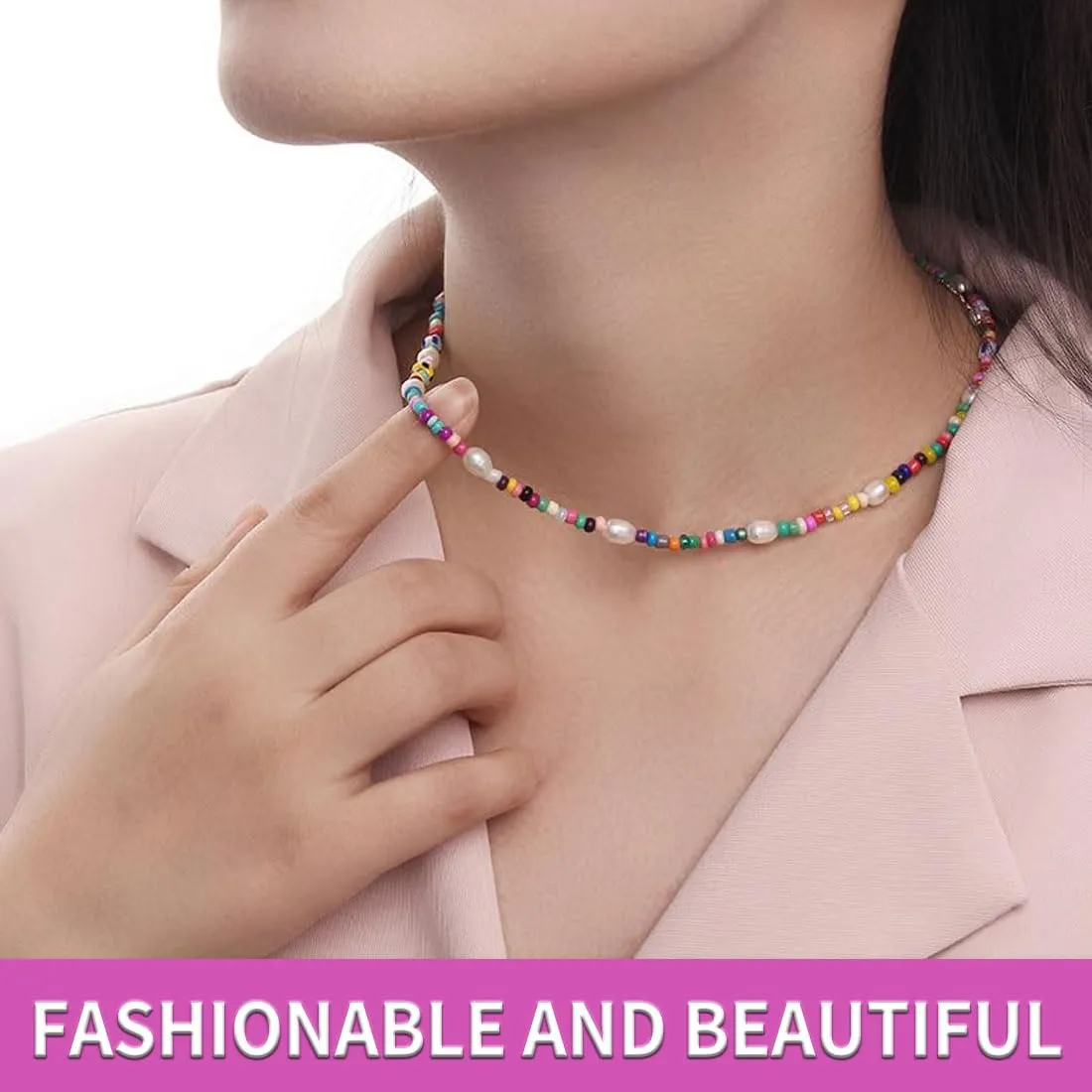 SCJJZ Collana da donna in perline di riso colorate, stile bohémien fatta a mano - immagine 4