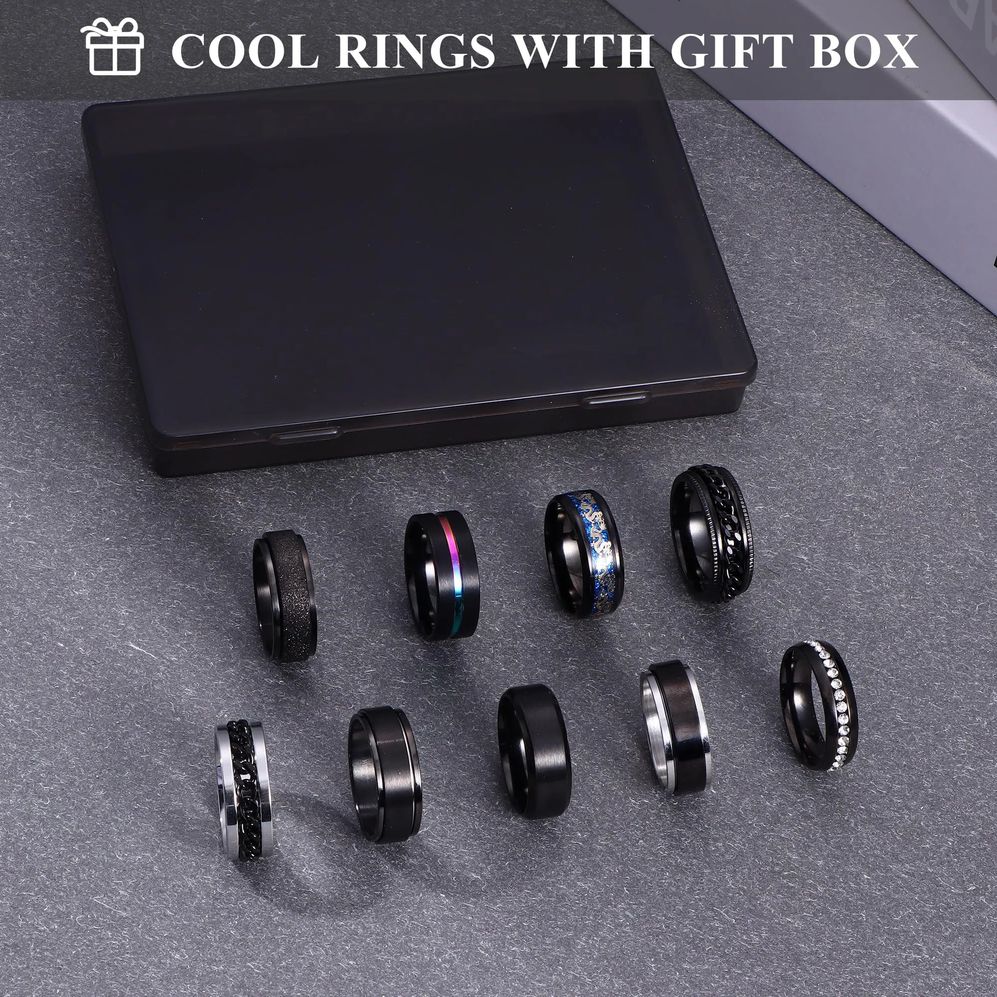 ADRAMATA Set di 9 Anelli in Acciaio Inossidabile per Uomo e Donna, Anelli Antistress Fidget, Fedi Nuziali e di Fidanzamento, Nero e Argento - immagine 3