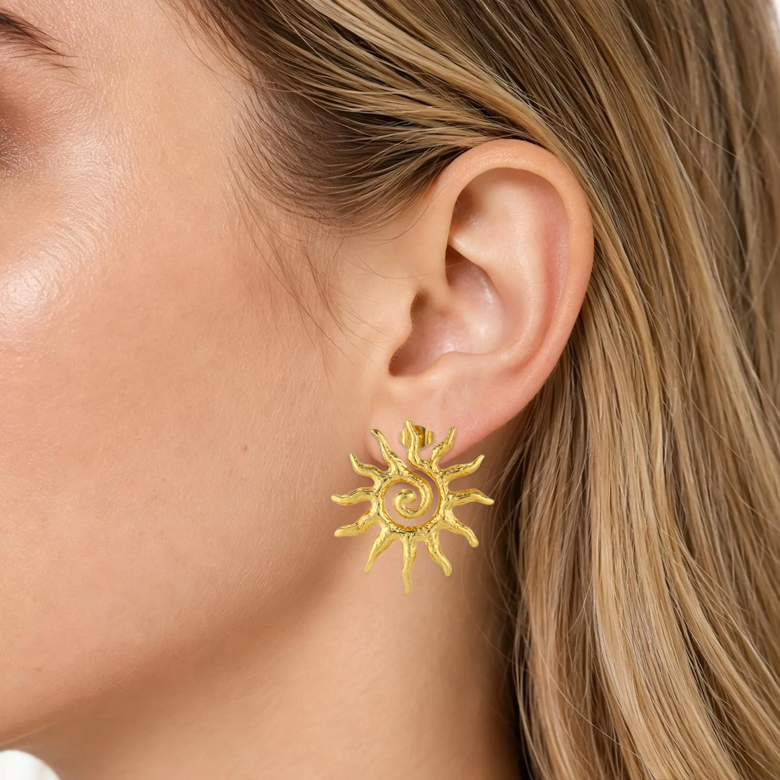 Mikovivi Orecchini a Perno Sole in Acciaio al Titanio Color Oro Stile Bohemien - immagine 4