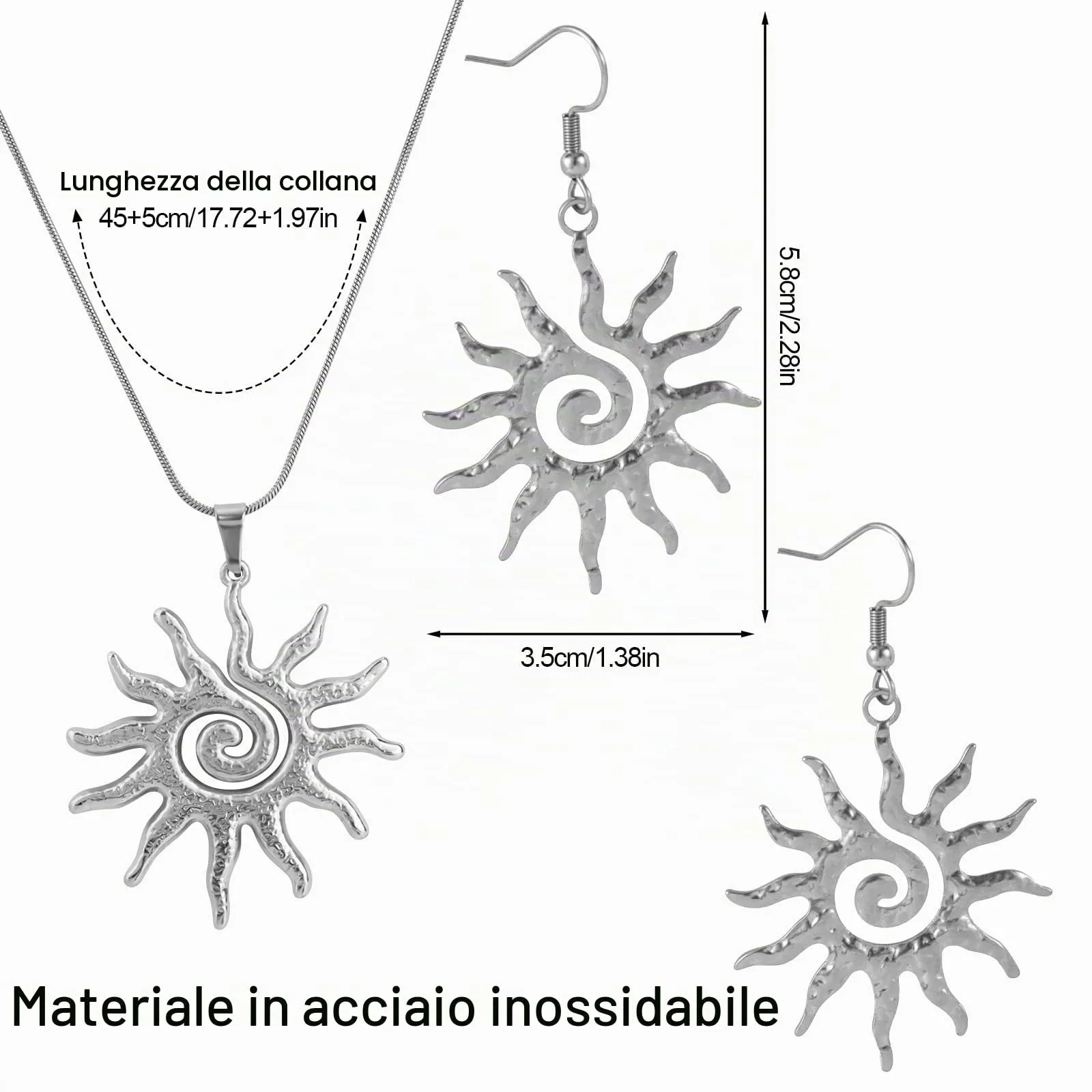 Mikovivi Set Gioielli Raggio Sole Tono Argento, Collana e Orecchini Pendenti in Acciaio Inossidabile - immagine 2