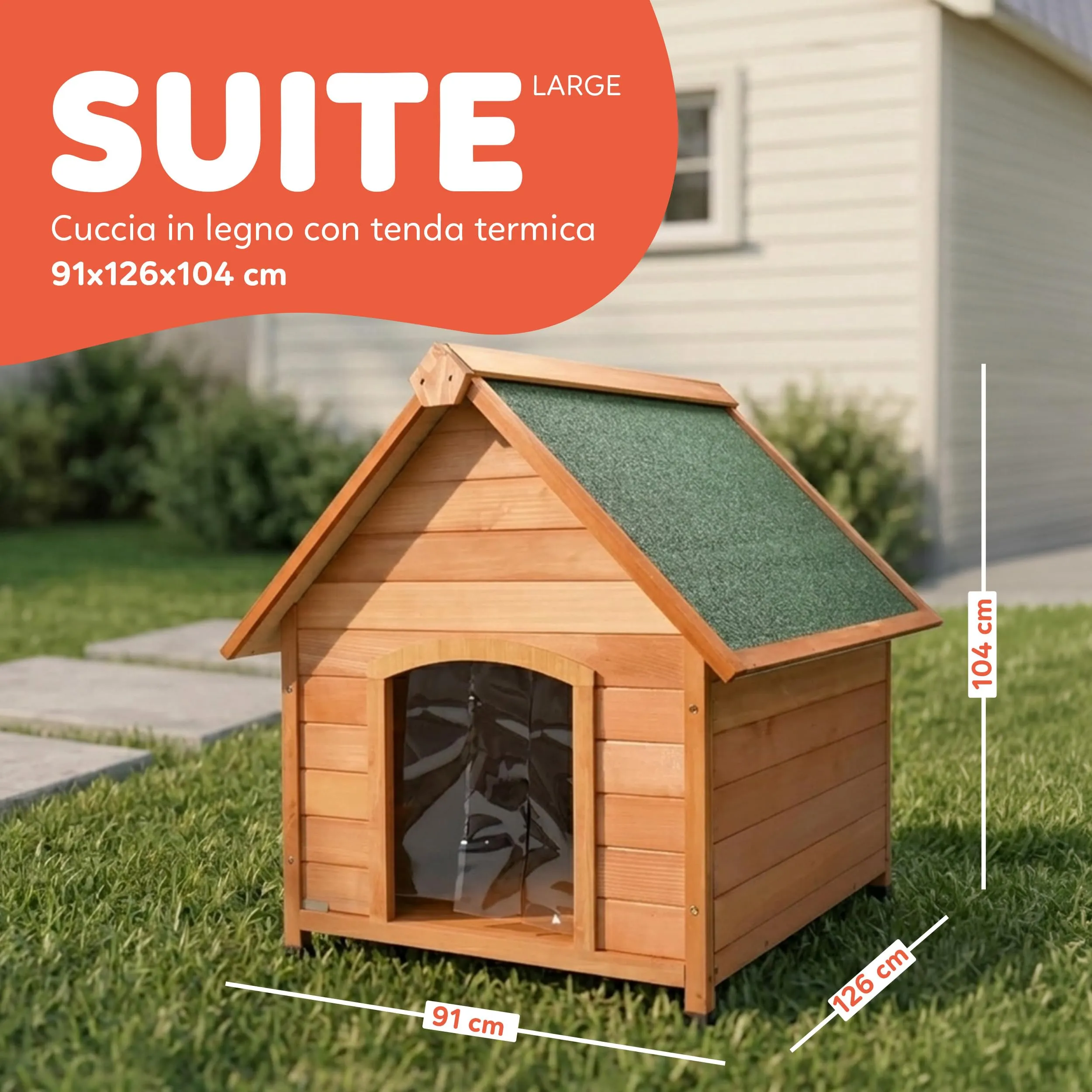 AQPET Cuccia per Cani in Legno XL/XXL da Esterno con Tetto Impermeabile e Tenda Termica, 91x126x104h cm - immagine 3