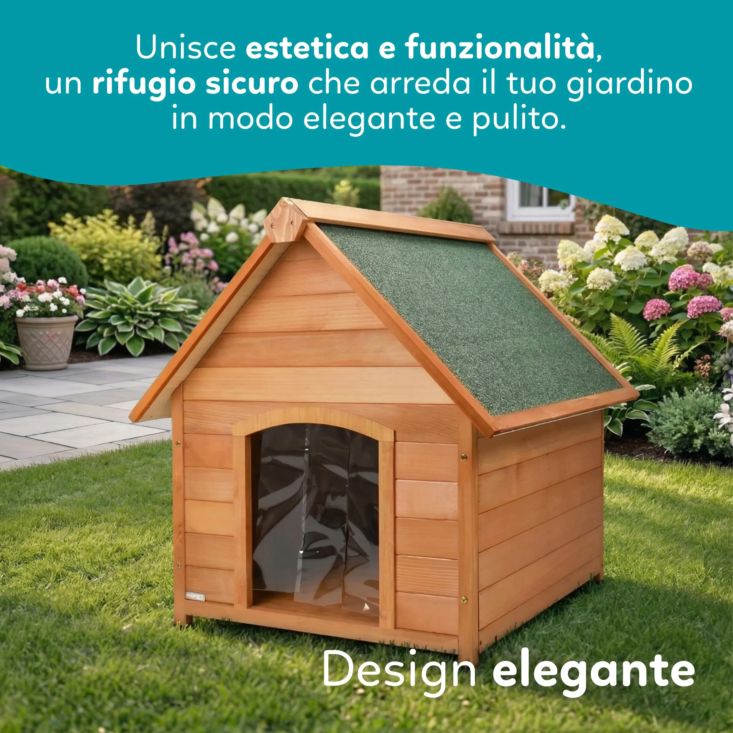 AQPET Cuccia per Cani in Legno XL/XXL da Esterno con Tetto Impermeabile e Tenda Termica, 91x126x104h cm - immagine 4