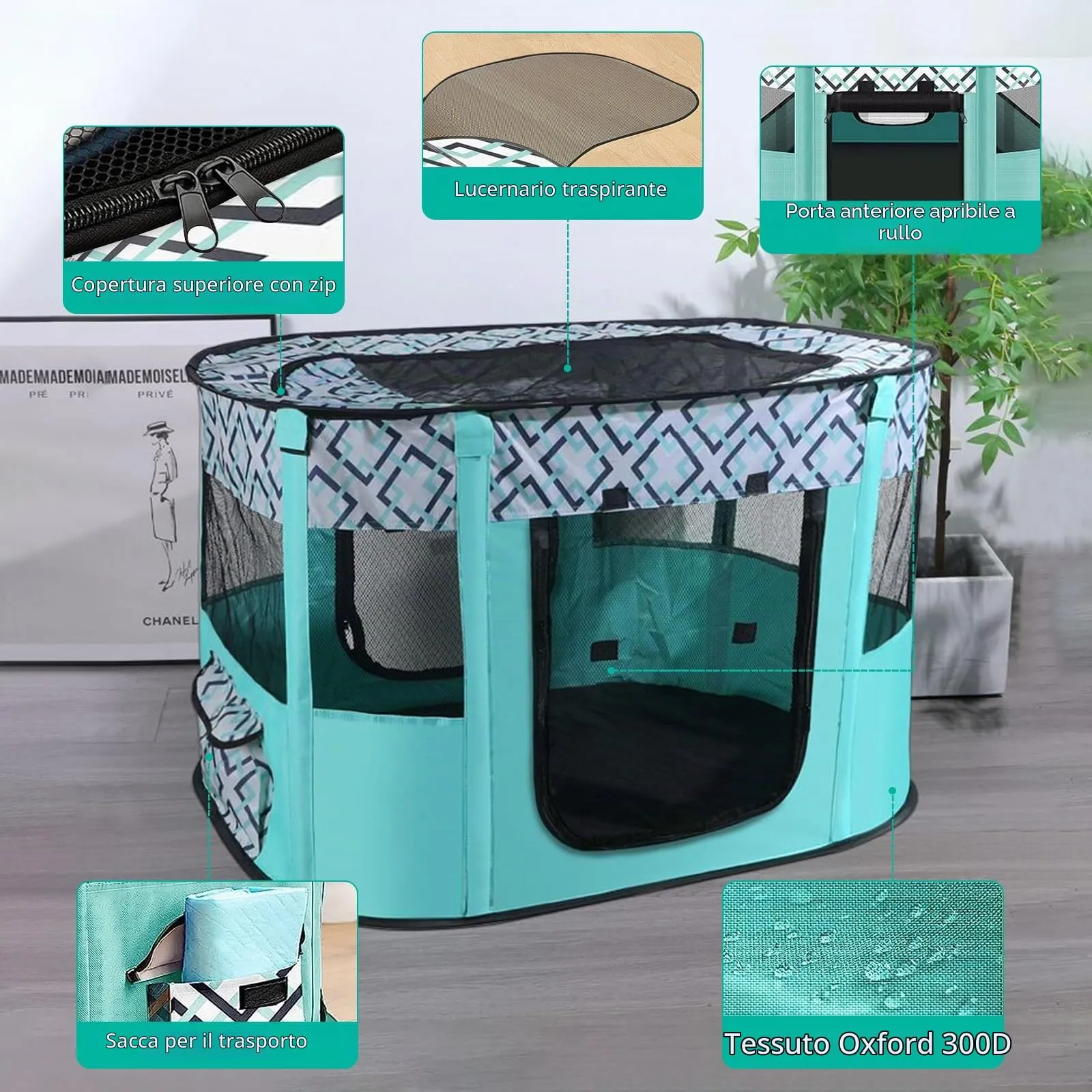 MeYuxg Recinto per Cani e Gatti da Interno Pieghevole, Verde a Scacchi, 70 x 55 x 40 cm - immagine 4