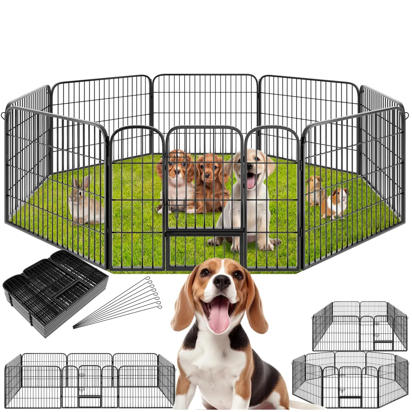 tectake Recinto per Cani, Cuccioli e Piccoli Animali, 8 Pannelli, Interno ed Esterno, Porta con Doppio Blocco, 154 x 154 x 60 cm - immagine 1