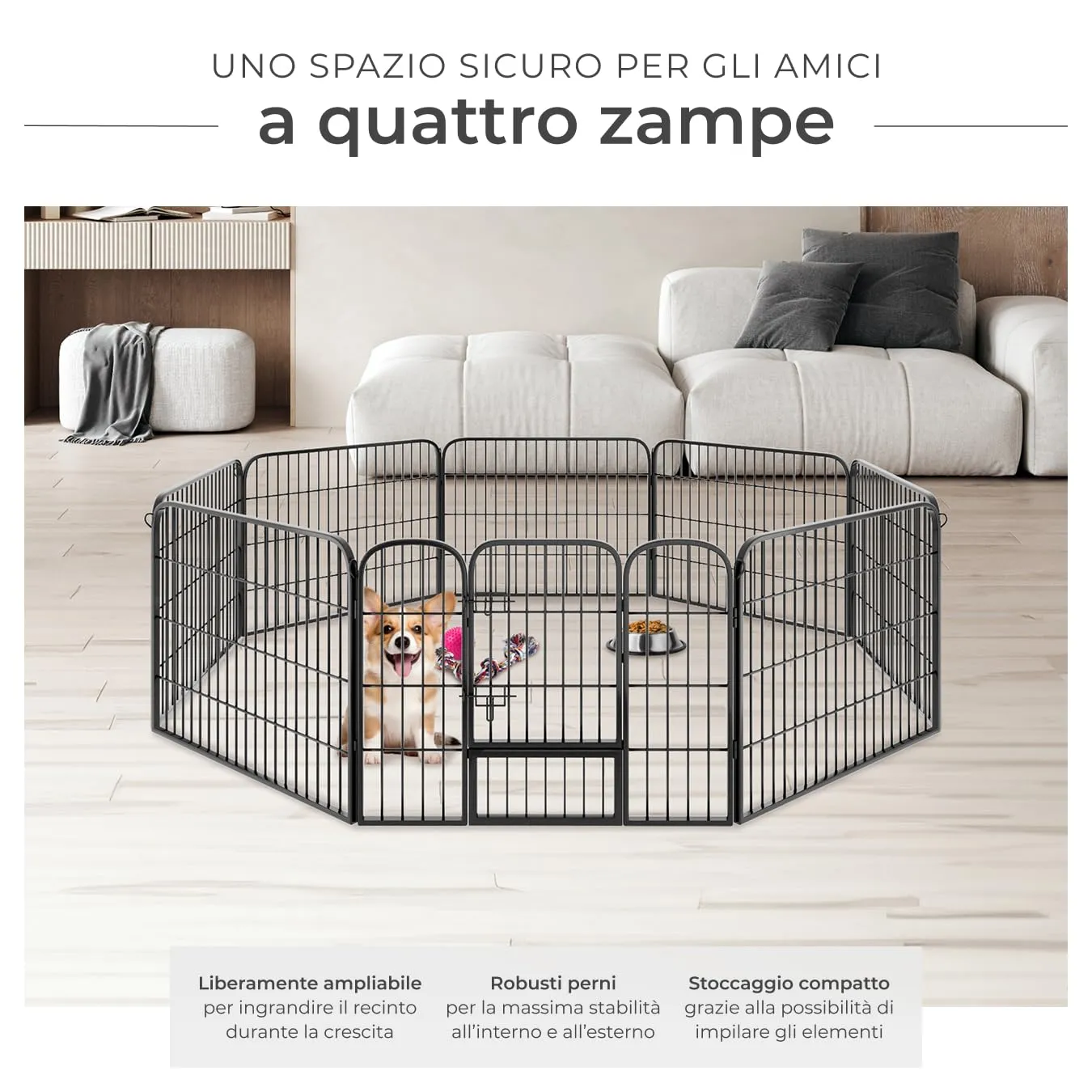 tectake Recinto per Cani, Cuccioli e Piccoli Animali, 8 Pannelli, Interno ed Esterno, Porta con Doppio Blocco, 154 x 154 x 60 cm - immagine 3