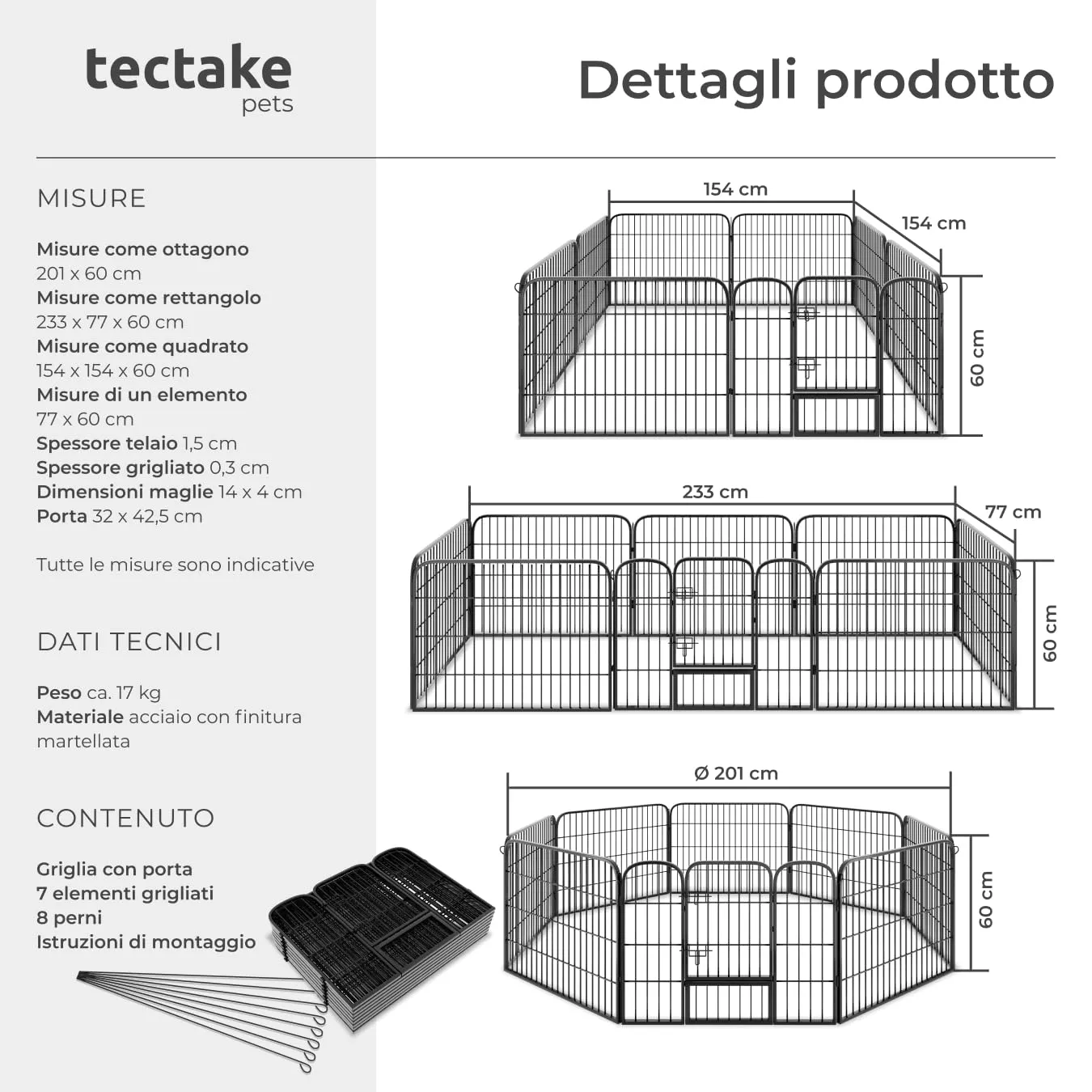 tectake Recinto per Cani, Cuccioli e Piccoli Animali, 8 Pannelli, Interno ed Esterno, Porta con Doppio Blocco, 154 x 154 x 60 cm - immagine 6