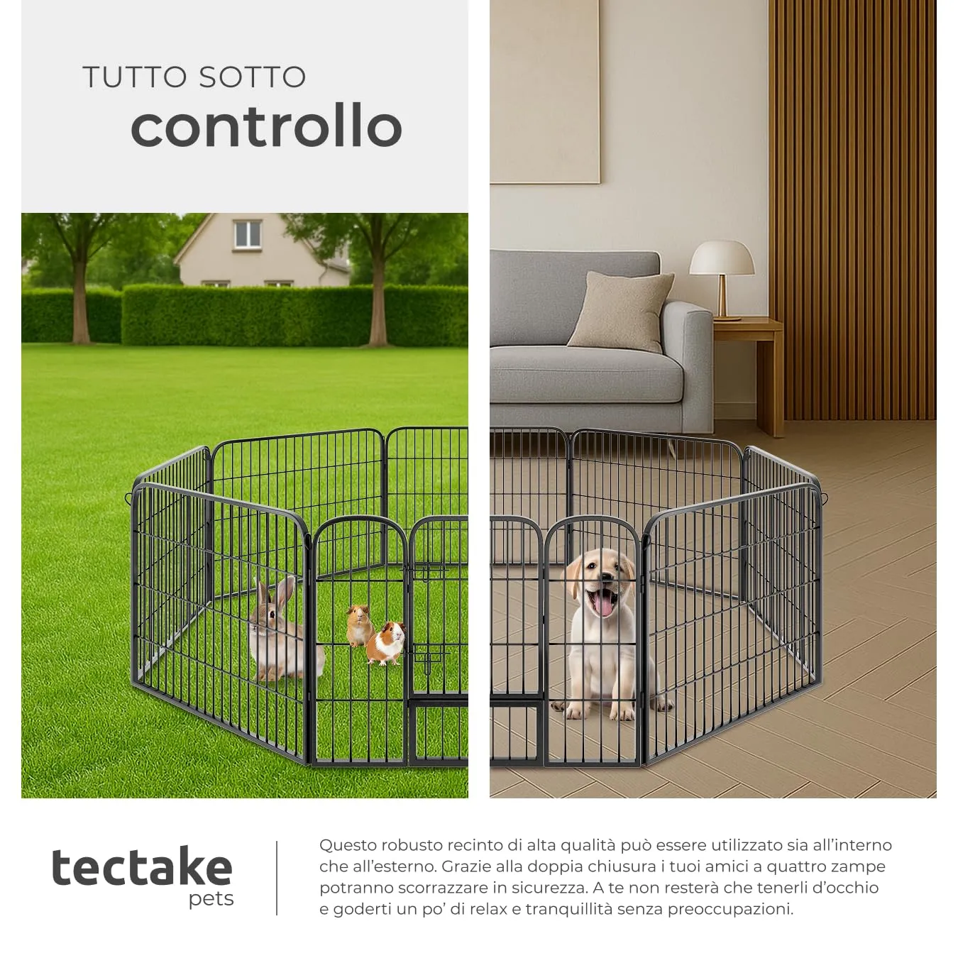 tectake Recinto per Cani, Cuccioli e Piccoli Animali, 8 Pannelli, Interno ed Esterno, Porta con Doppio Blocco, 154 x 154 x 60 cm - immagine 7
